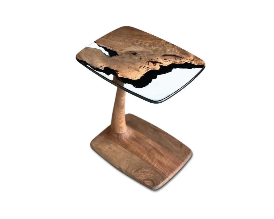 C-Shaped Walnut & Resin End Table with Wheels