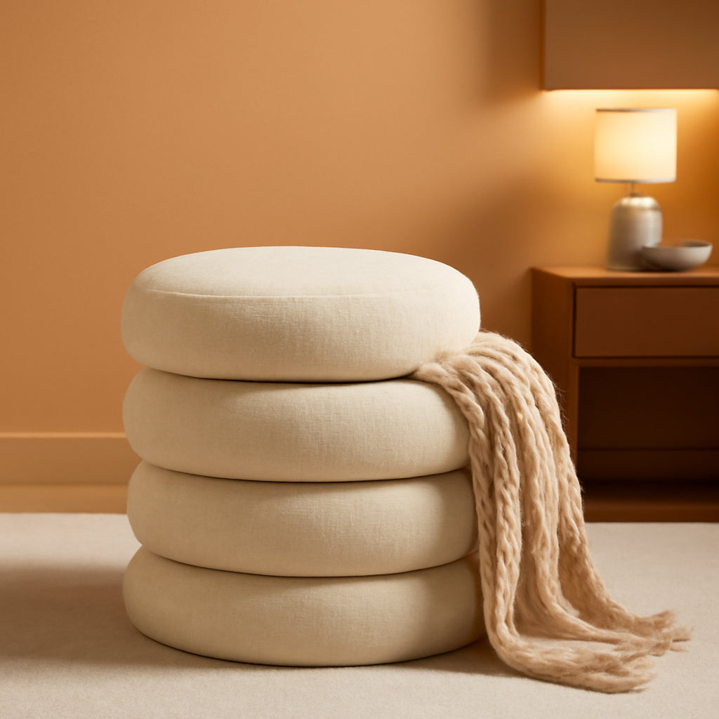 Beige Linen Upholstered Round Storage Ottoman Removable Lid