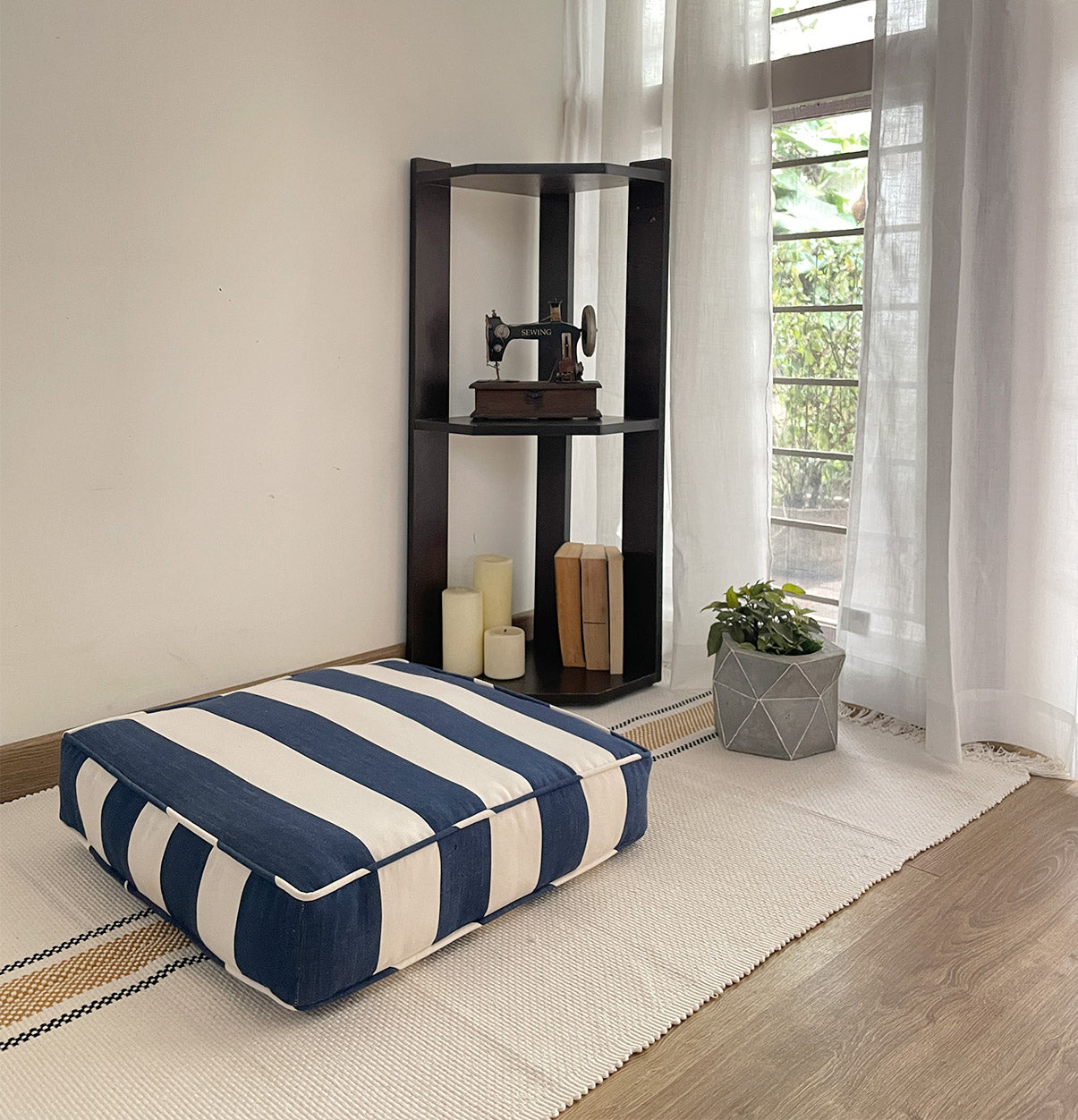 Large Square Floor Cushion | 100% Cotton | Thick & Comfortable | Blue & White Stripes | For Yoga & Meditation-1