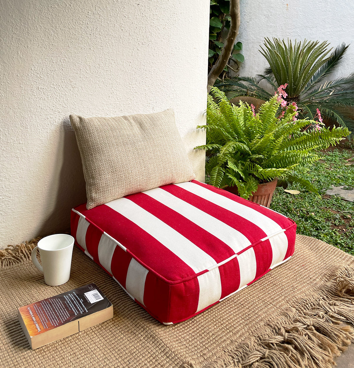 Large Striped Floor Cushion (20x20") for Lounging & Relaxation - Red & White Stripes - 100% Cotton - Eco-Friendly (Copy)-2