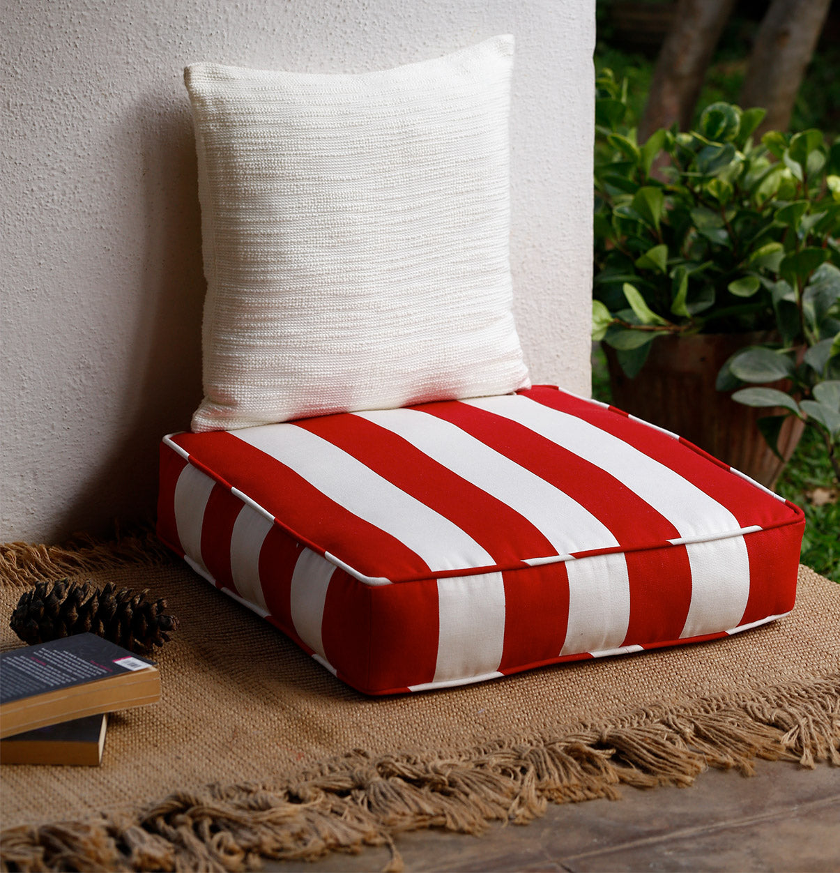 Large Striped Floor Cushion (20x20") for Lounging & Relaxation - Red & White Stripes - 100% Cotton - Eco-Friendly-3