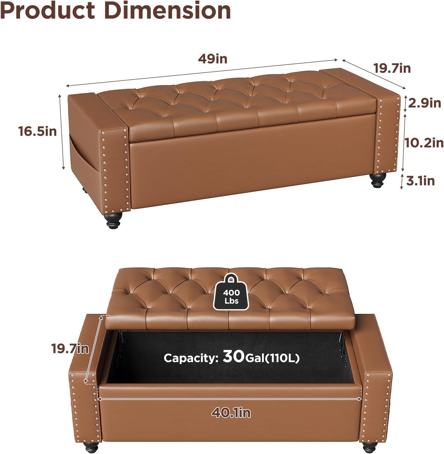 49 Inch Upholstered Storage Ottoman Bench Espresso Brown