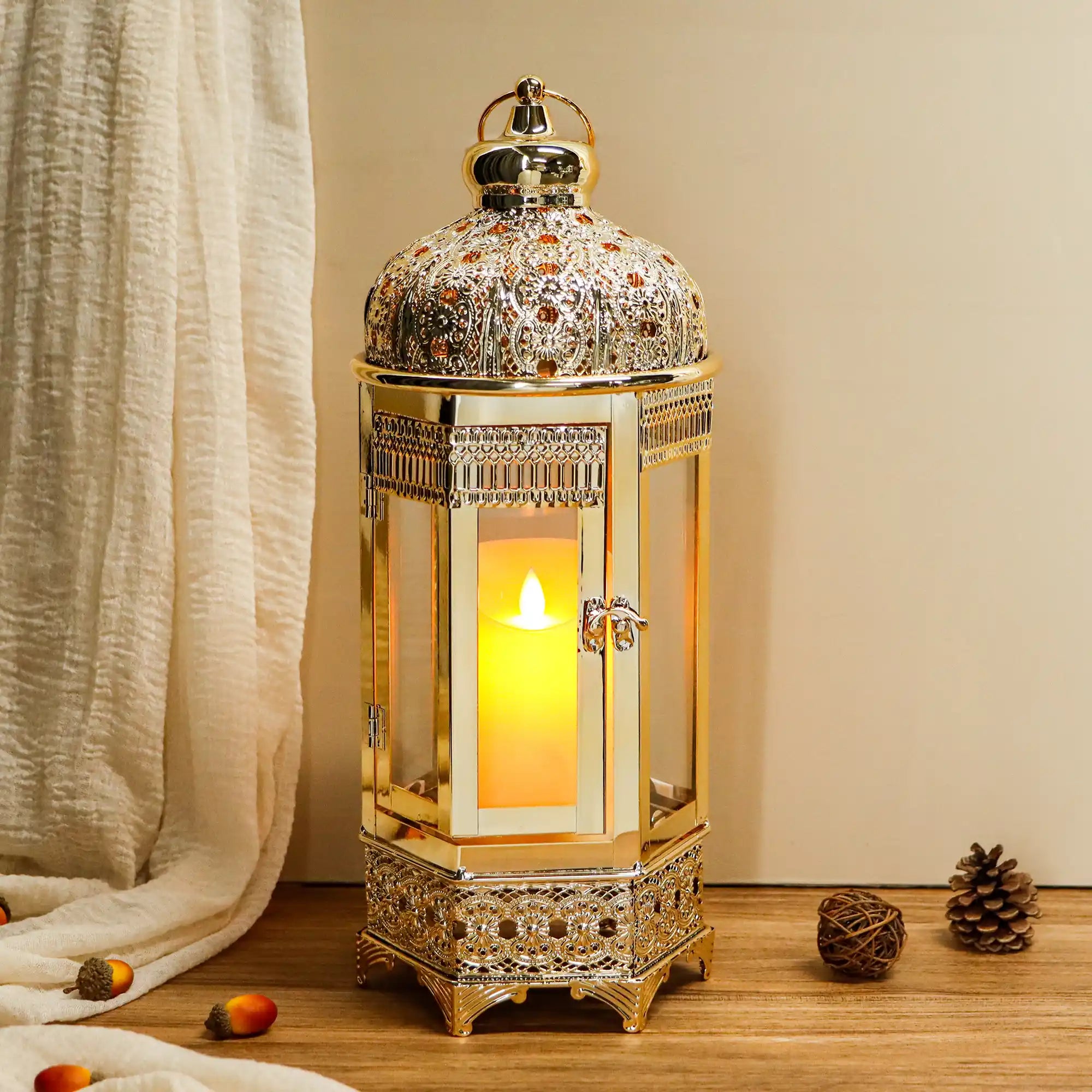 Moroccan Candle Lantern 16'' Gold Hexagonal Candle Holder-3