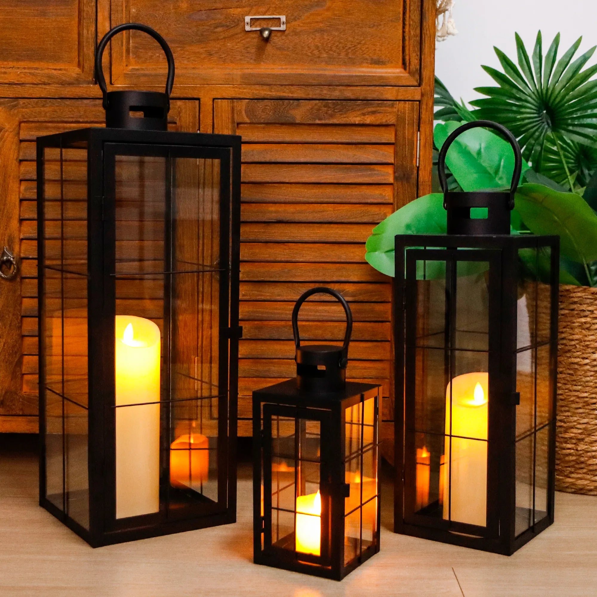 Set of 3 - Assorted Sizes (9/15.5/19.5 Inch) Tall Decorative Hanging Lanterns with Tempered Glass Panels-1