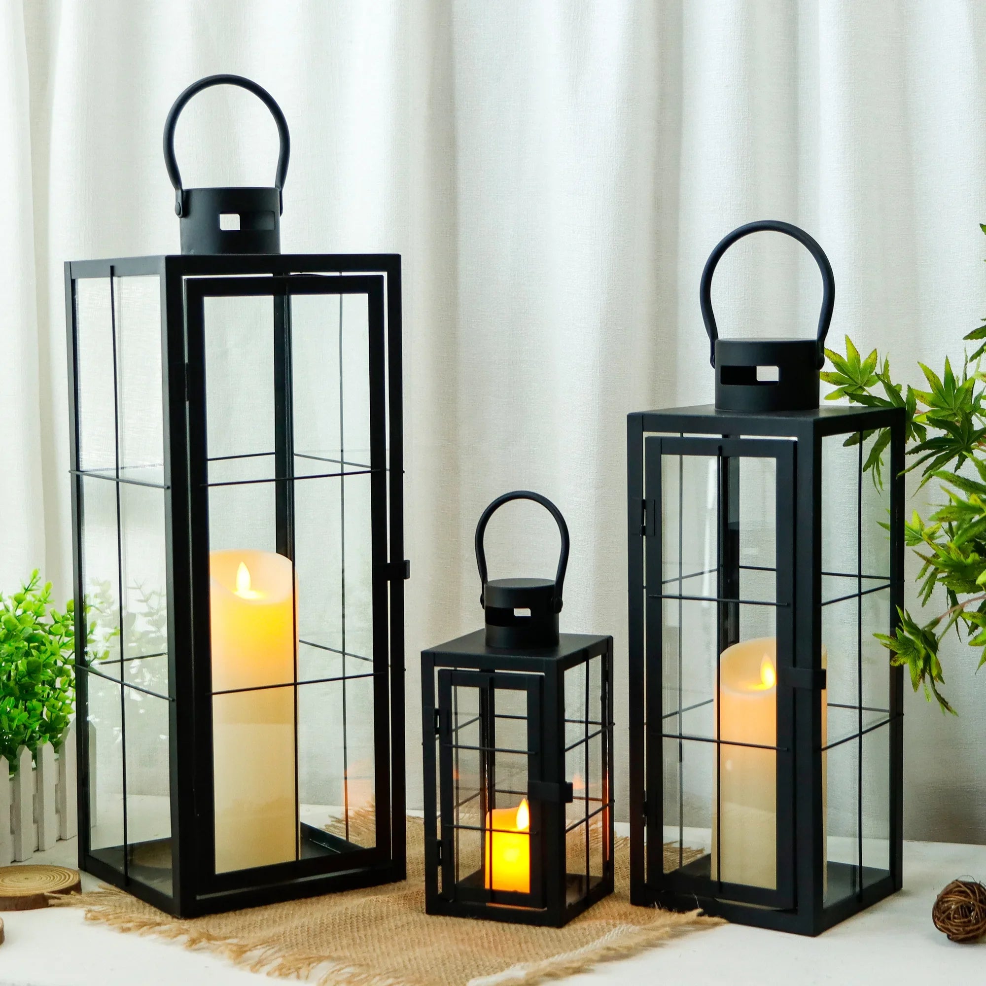Set of 3 - Assorted Sizes (9/15.5/19.5 Inch) Tall Decorative Hanging Lanterns with Tempered Glass Panels-2