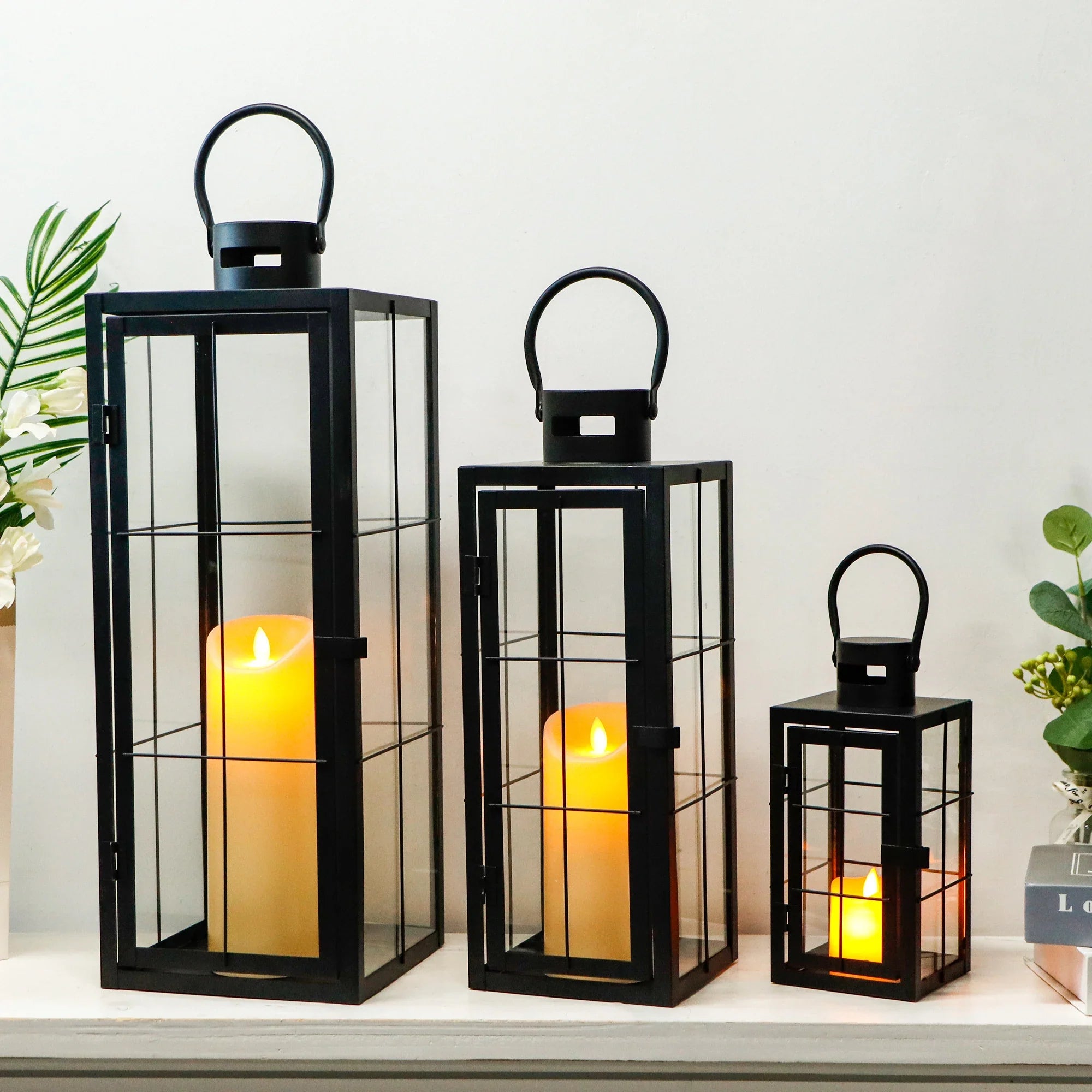 Set of 3 - Assorted Sizes (9/15.5/19.5 Inch) Tall Decorative Hanging Lanterns with Tempered Glass Panels-0
