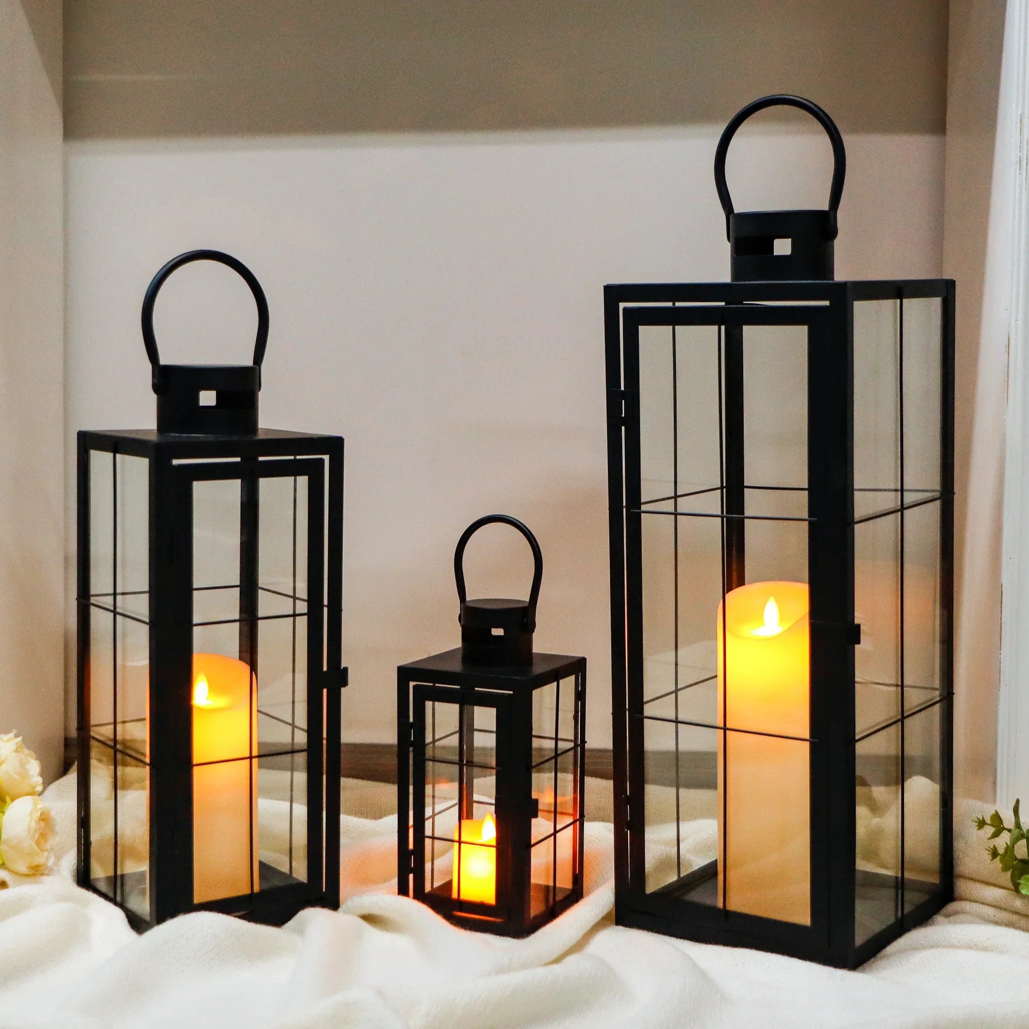 Set of 3 - Assorted Sizes (9/15.5/19.5 Inch) Tall Decorative Hanging Lanterns with Tempered Glass Panels-3