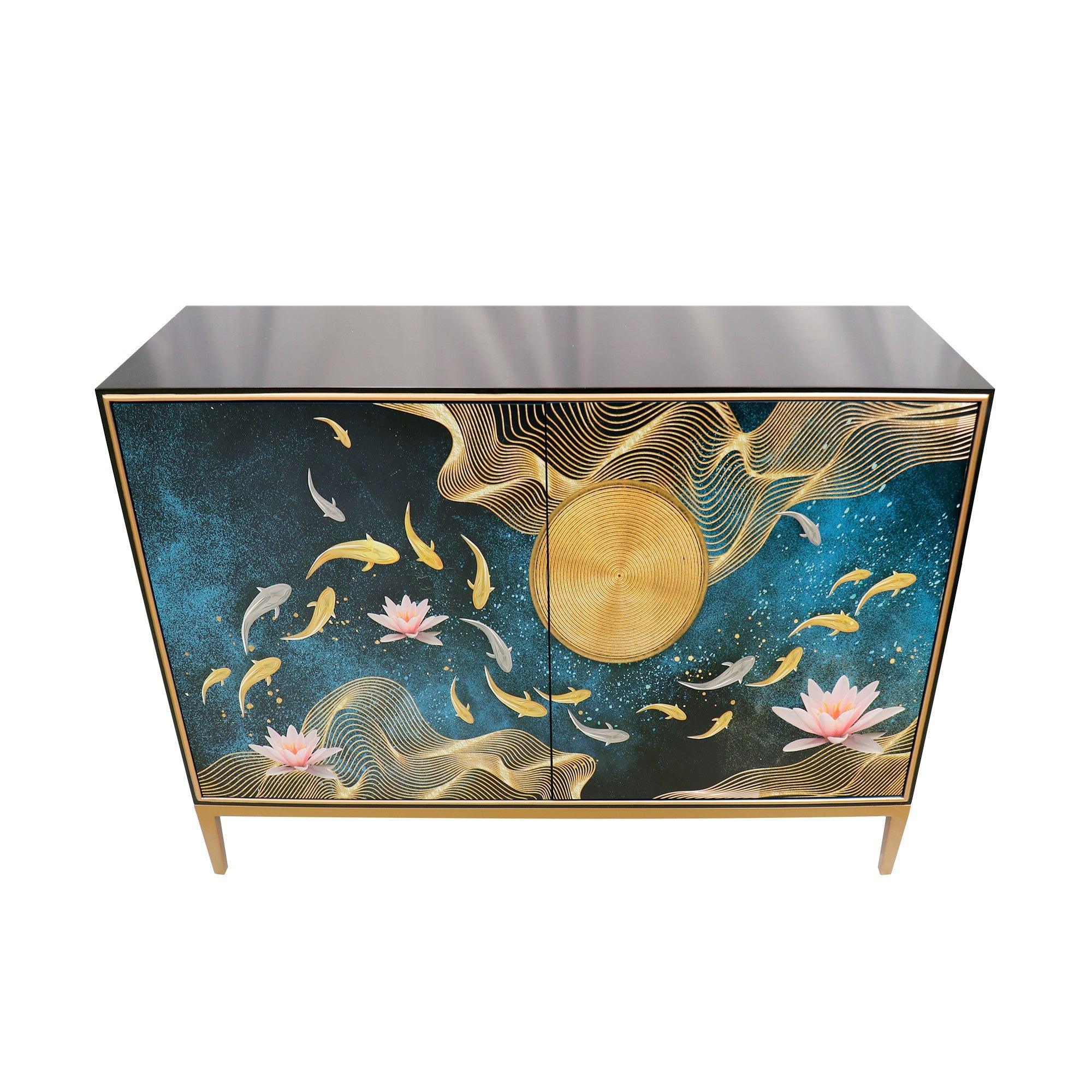 Canvello Twilight Black Cabinet, 2 Nature Print Doors with Bronze Metal Frame-3