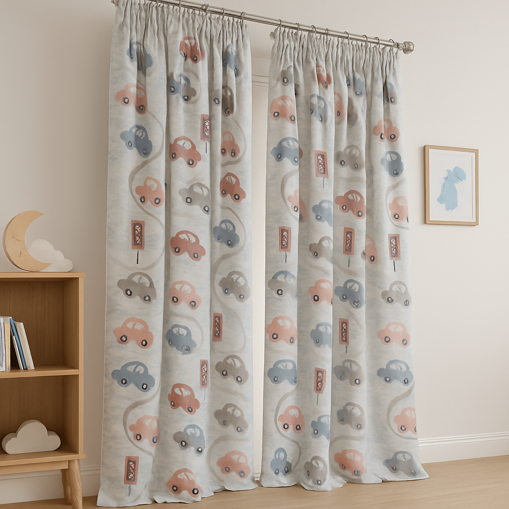 Pure Linen Kids Curtain with Playful Road & Car Print – Light Filtering or Blackout Liner | Standard Sizes & Made to Measure-3