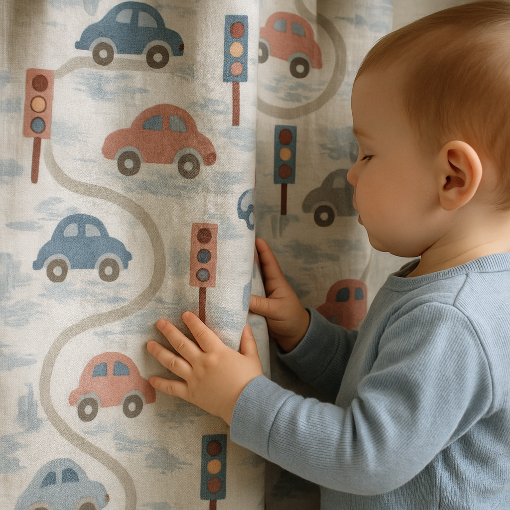Pure Linen Kids Curtain with Playful Road & Car Print – Light Filtering or Blackout Liner | Standard Sizes & Made to Measure-0