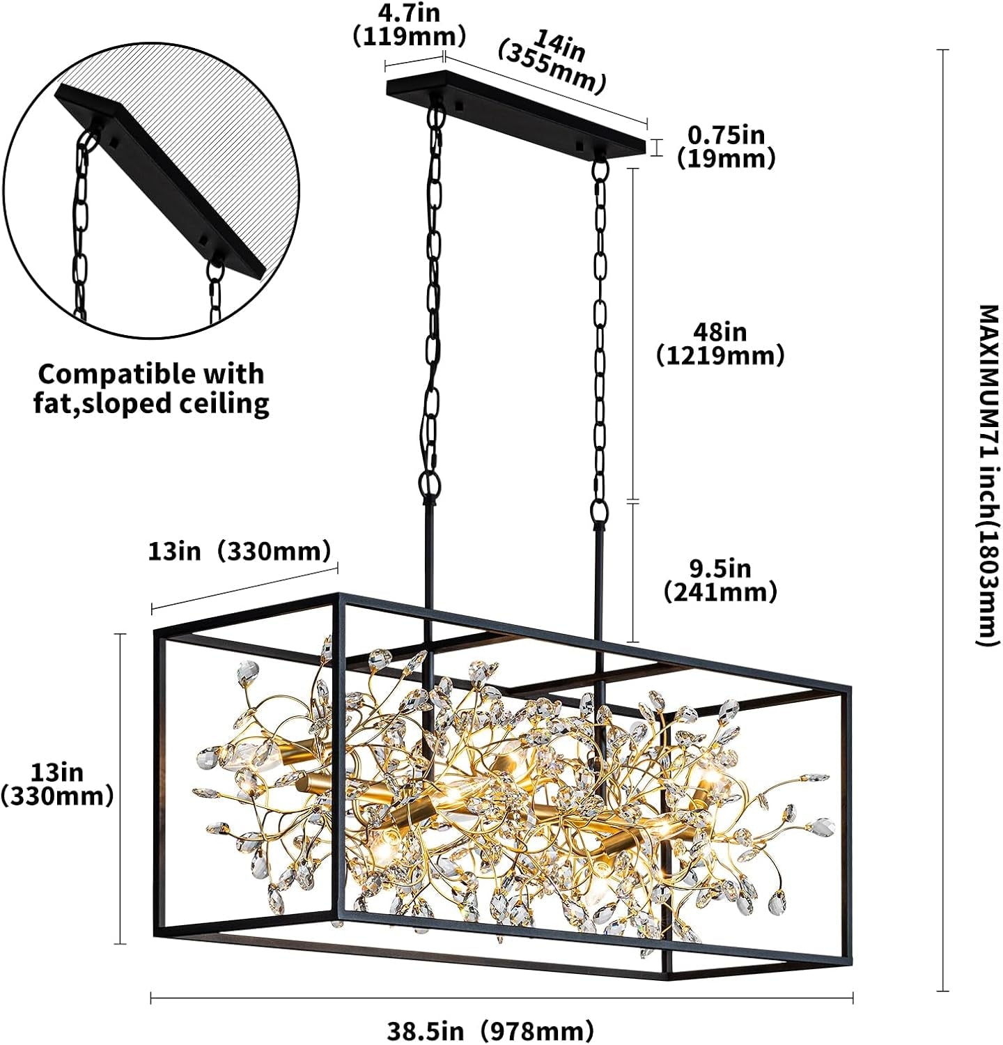 Black Gold Crystalline Rectangular Chandelier 38.5 Inch-3