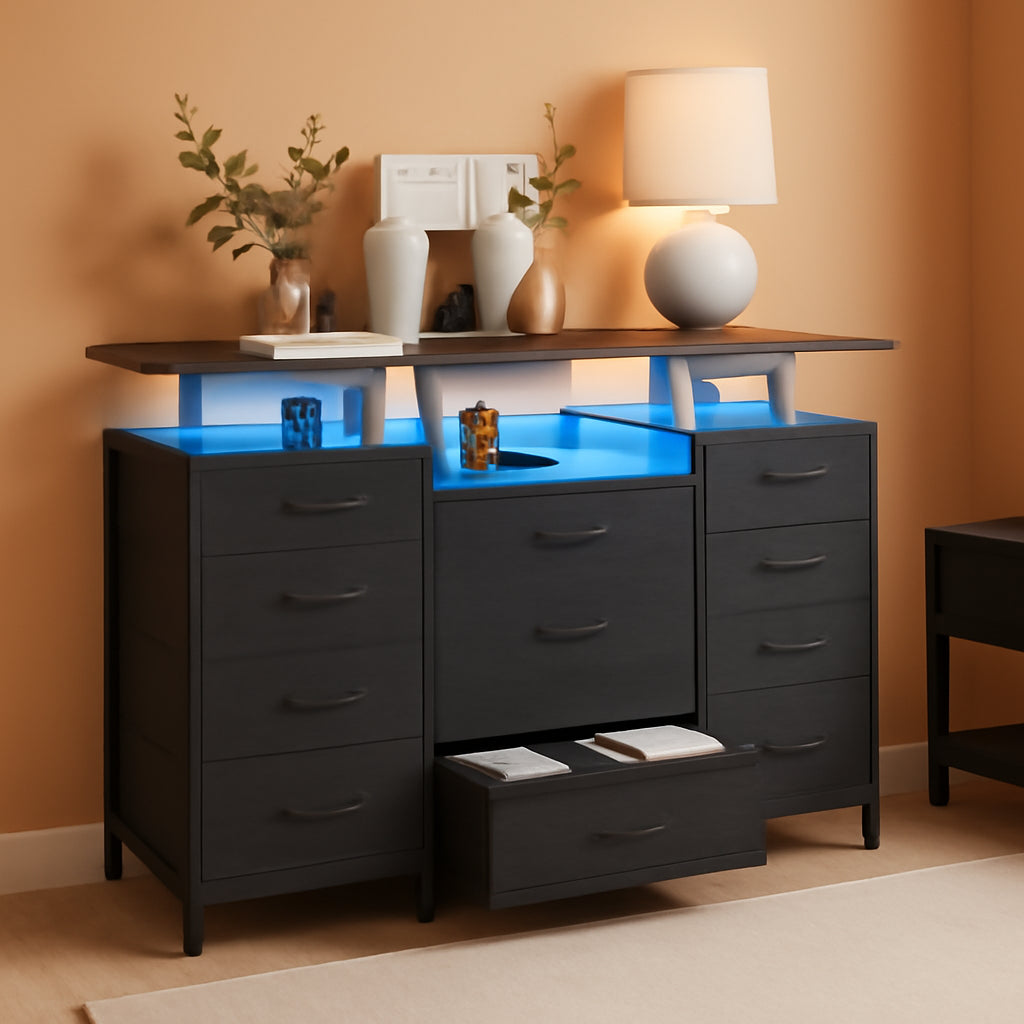 11 Drawer Dresser With Fabric Drawers, Charging Station, LED Lights And Shelves, Black Wood Veins