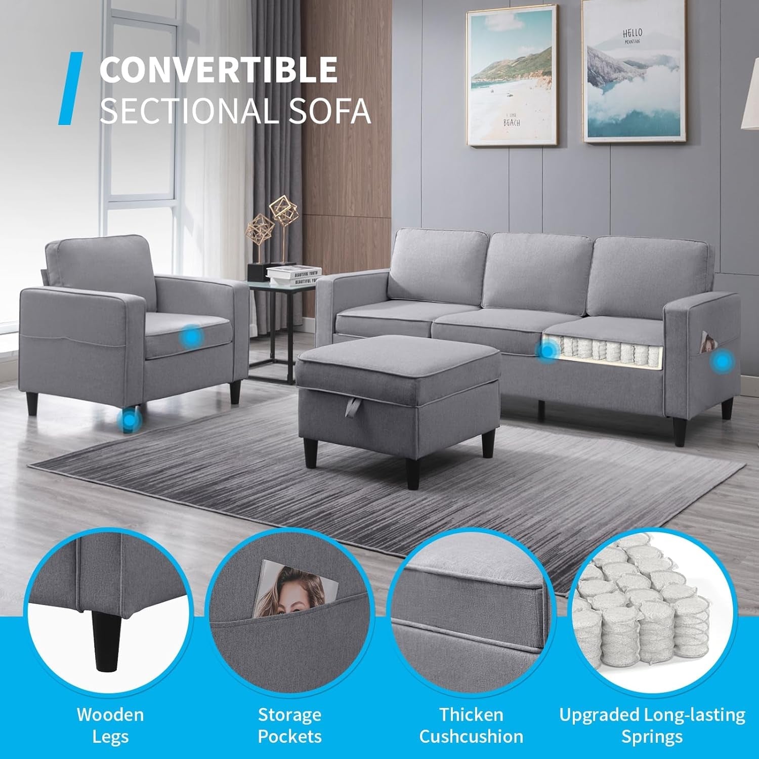 Light Grey Convertible Sofa Set With Storage Ottoman