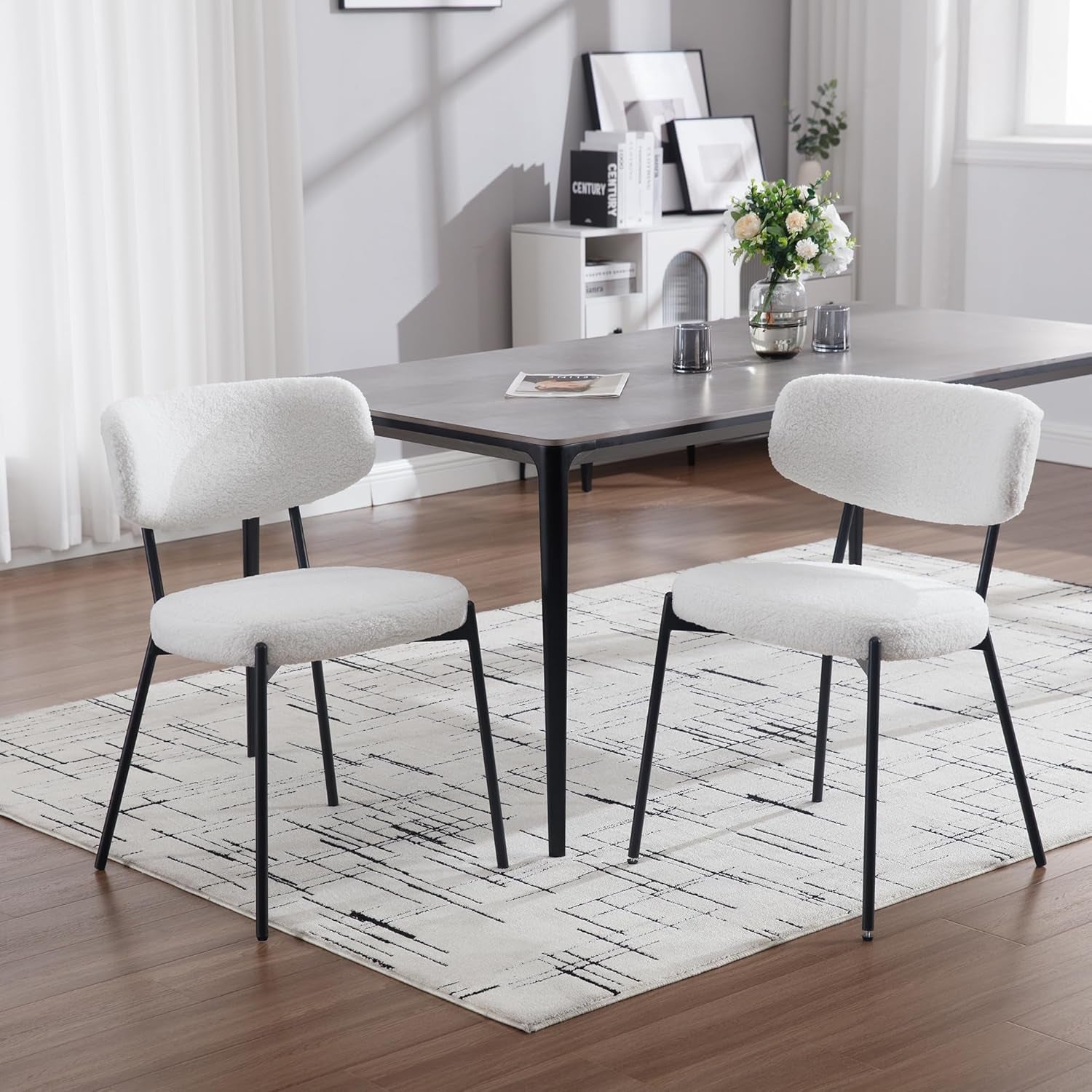 White Boucle Upholstered Dining Chairs Curved Back