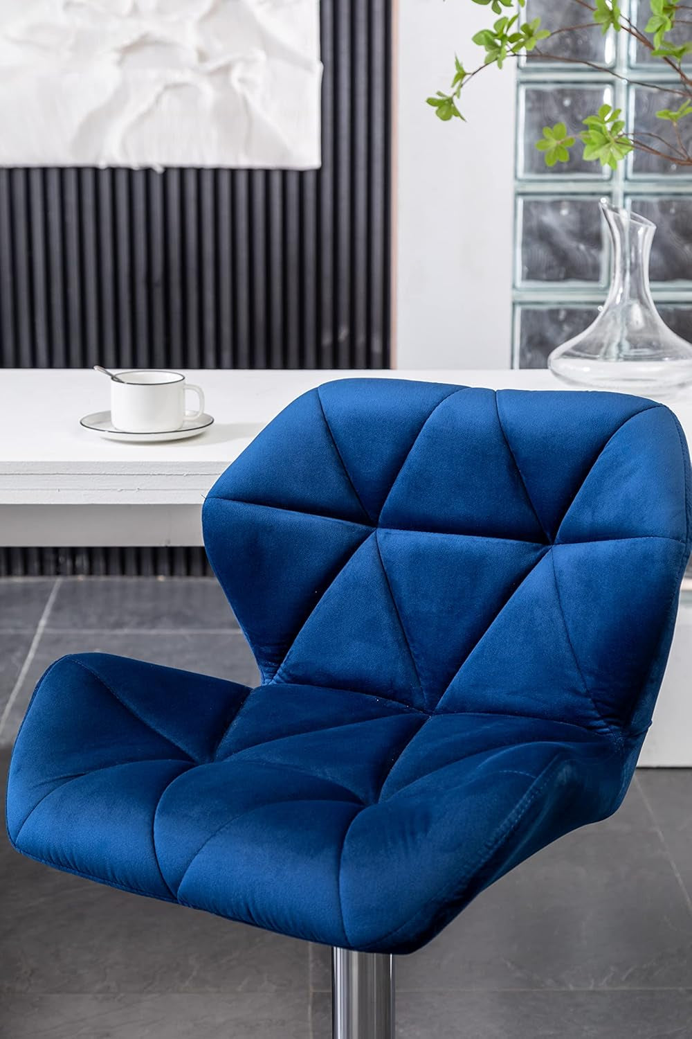 Velvet Diamond Tufted Swivel Barstools Blue Adjustable Height Set of 2