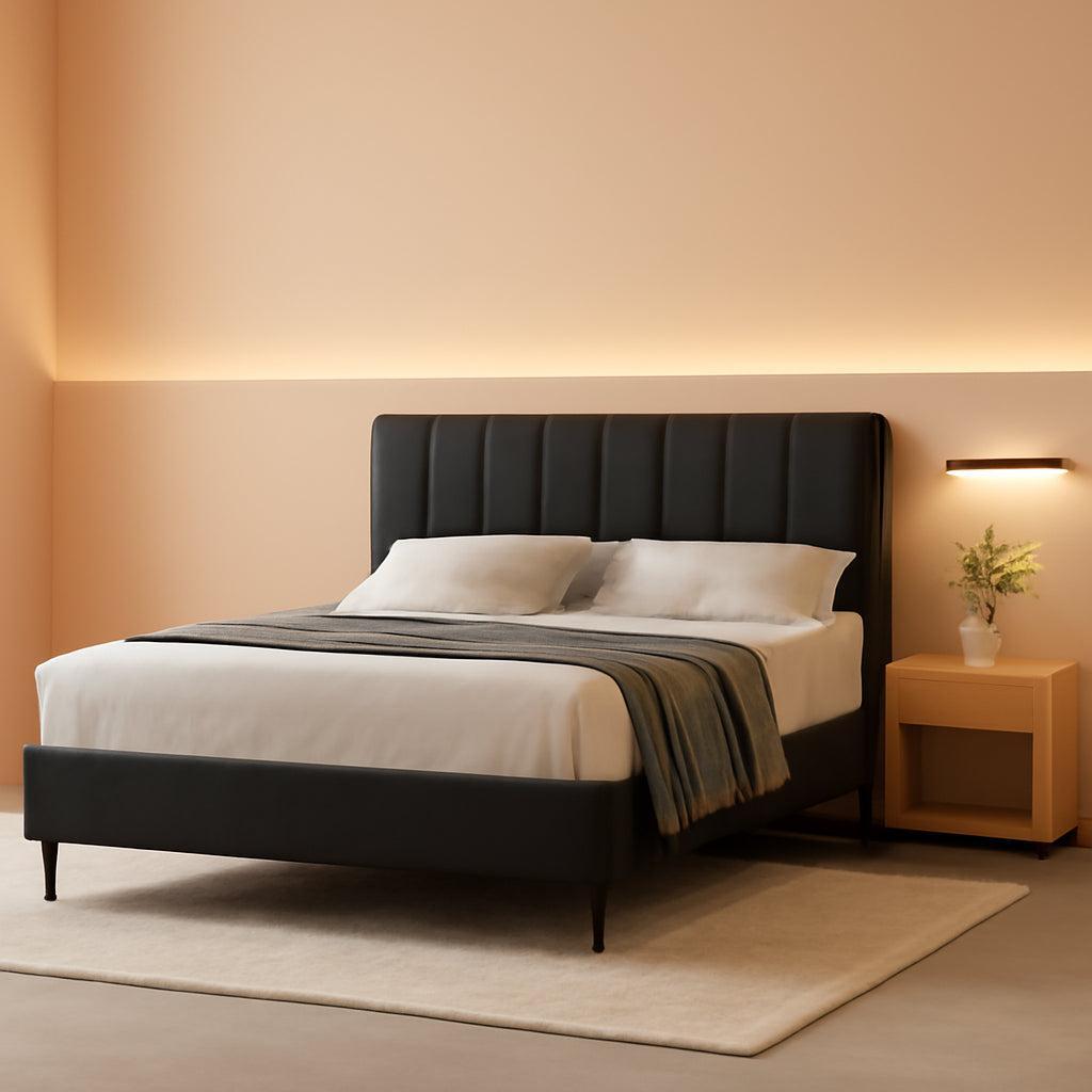 Black Floating Full Bed Frame With Storage Headboard