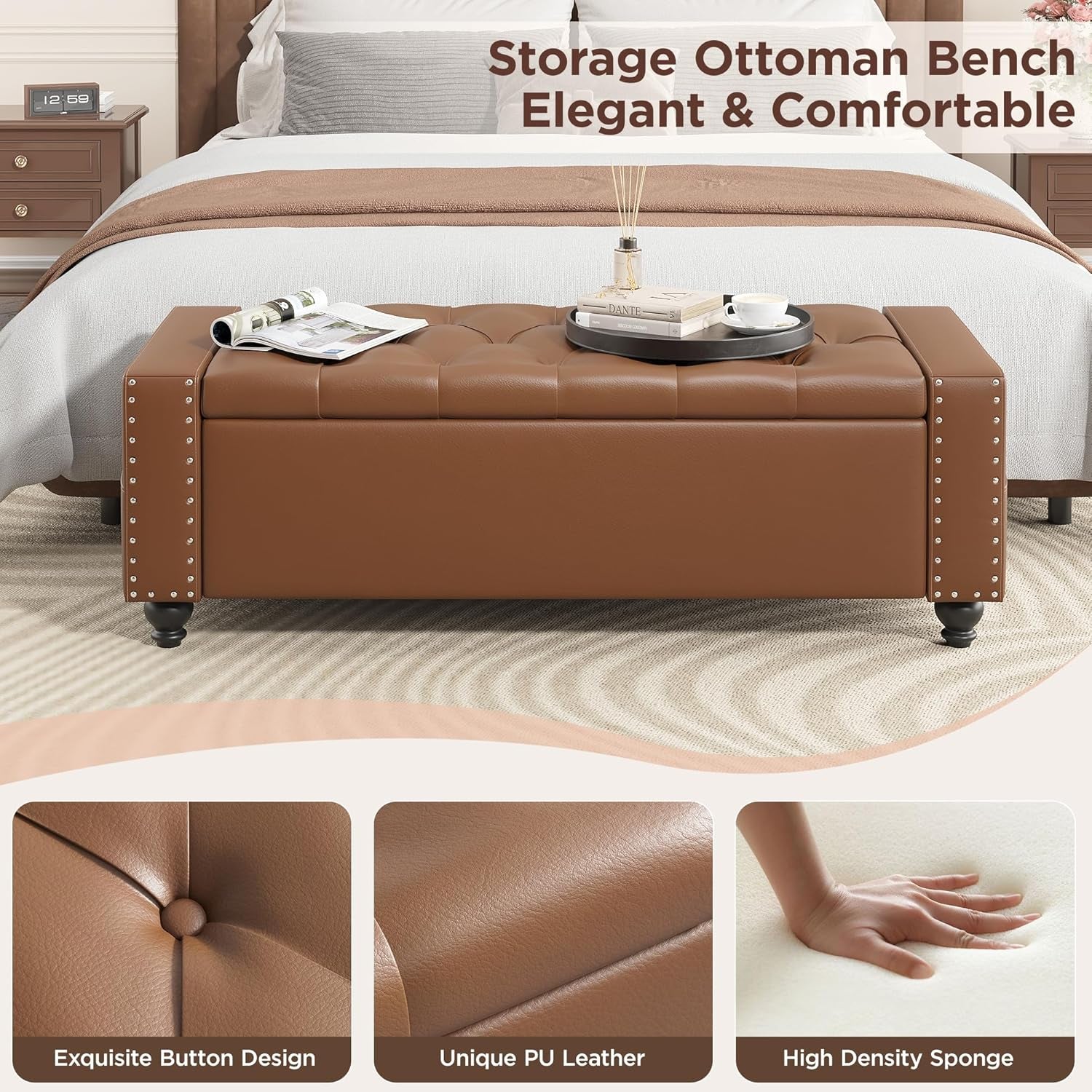 49 Inch Upholstered Storage Ottoman Bench Espresso Brown