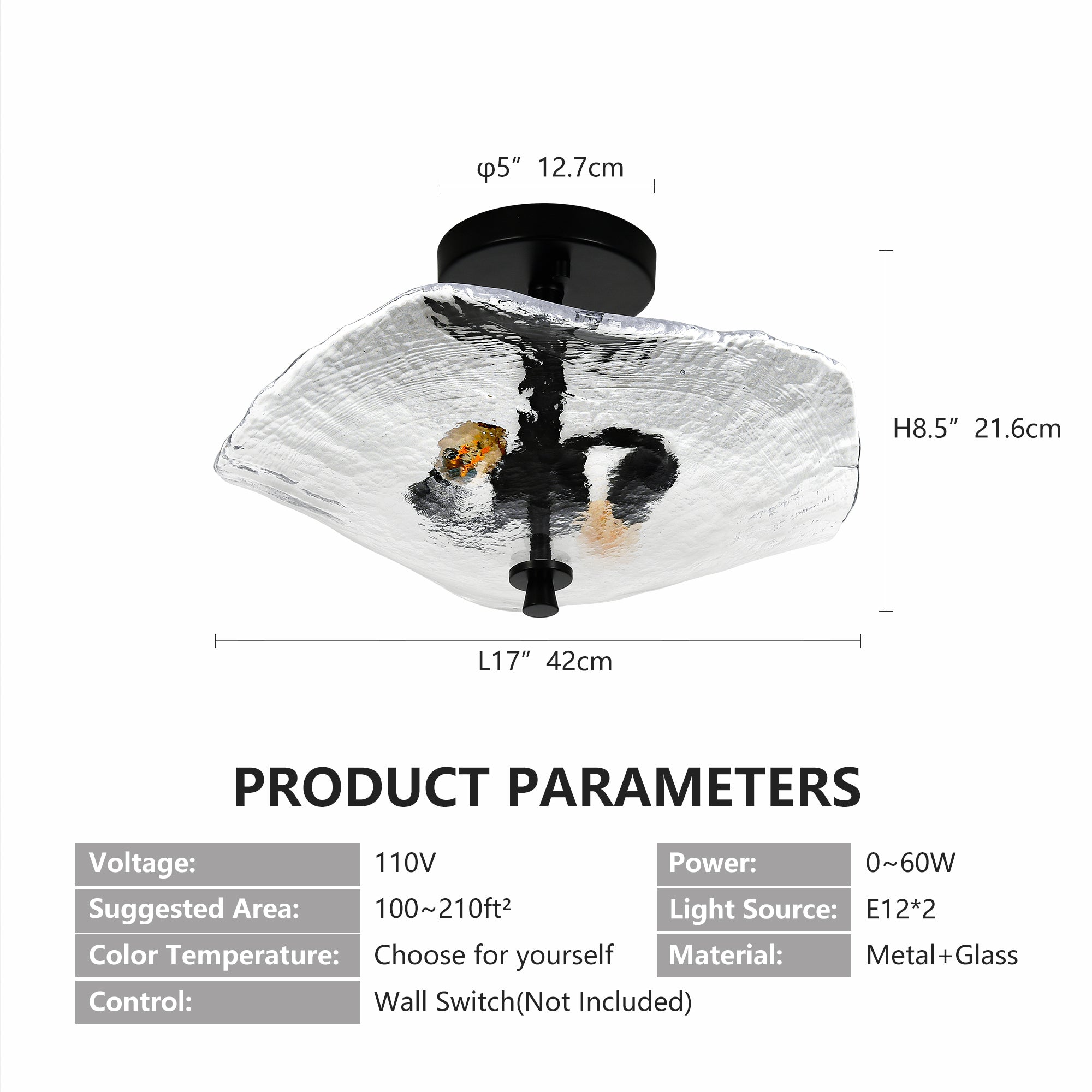 Ceiling Light Fixtures Flush Mount Indoor Outdoor Ceiling Light with Water Ripple Glass Shade (Black)