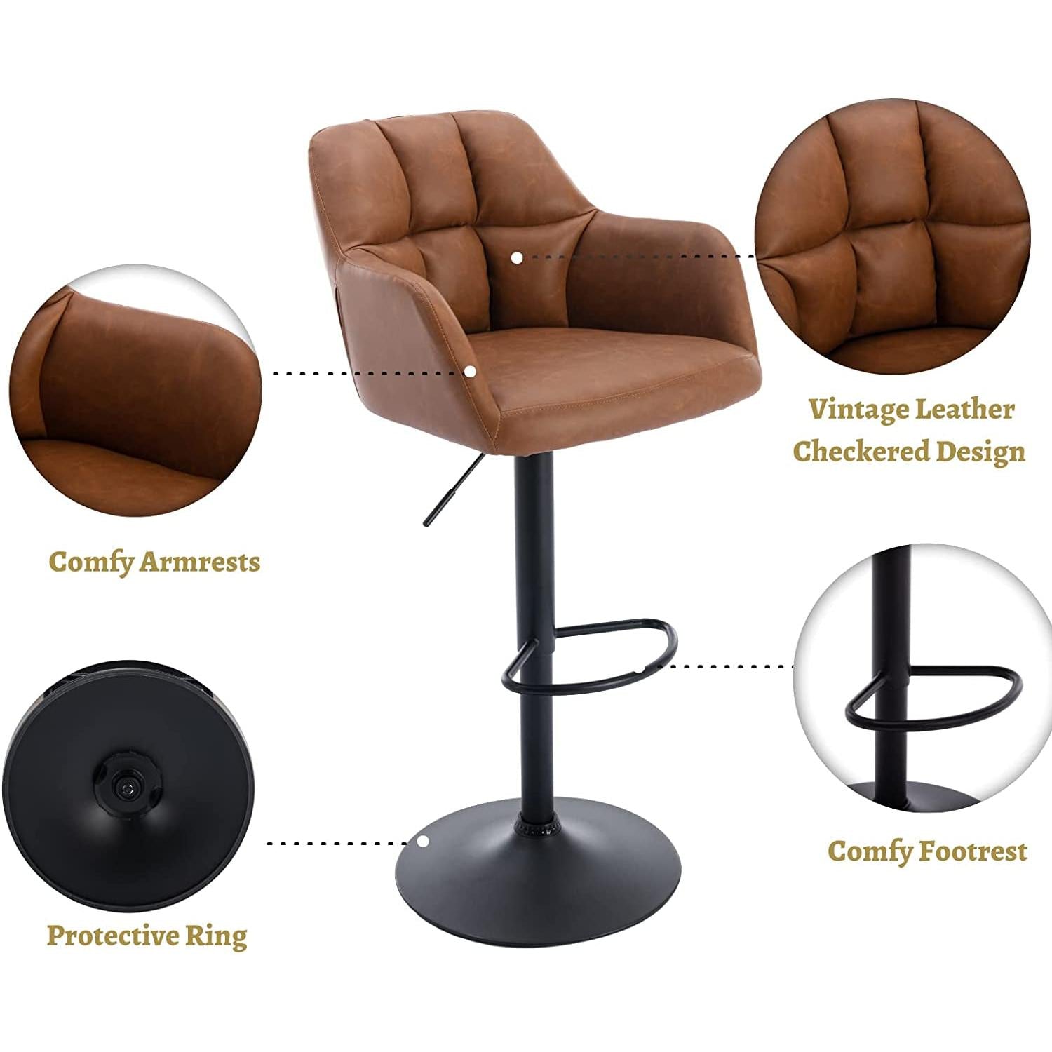 Modern Leather Swivel Bar Stool With Backrest And Armrests