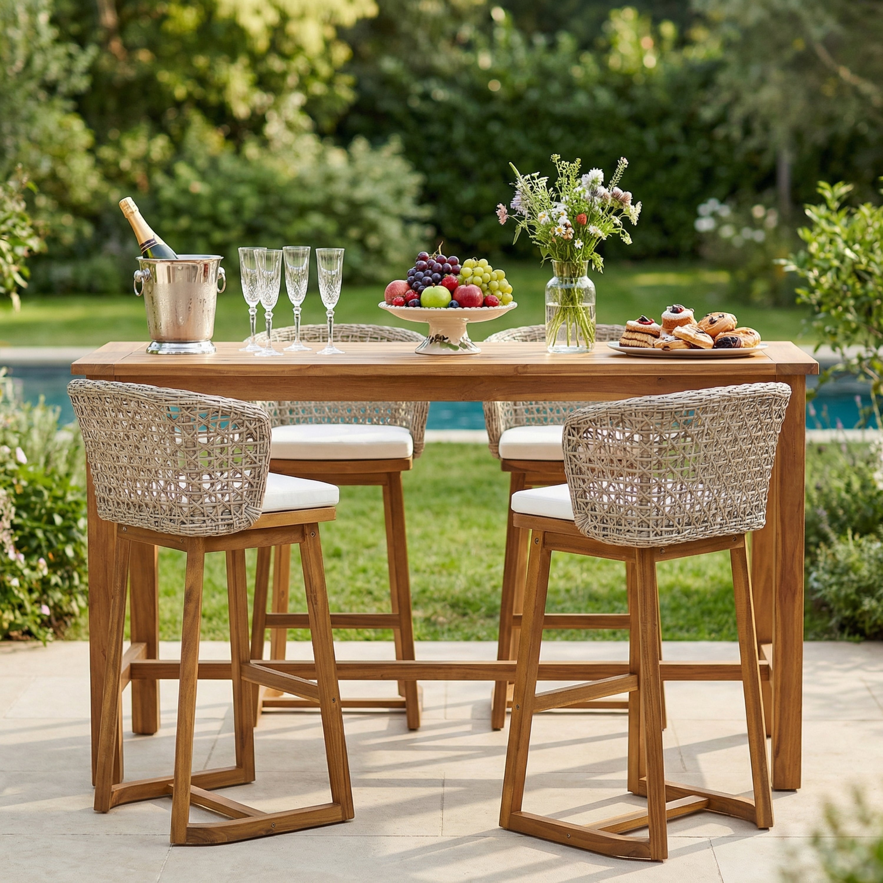 Outdoor Acacia Wood Bar Stools with Cushions (Set of 4)