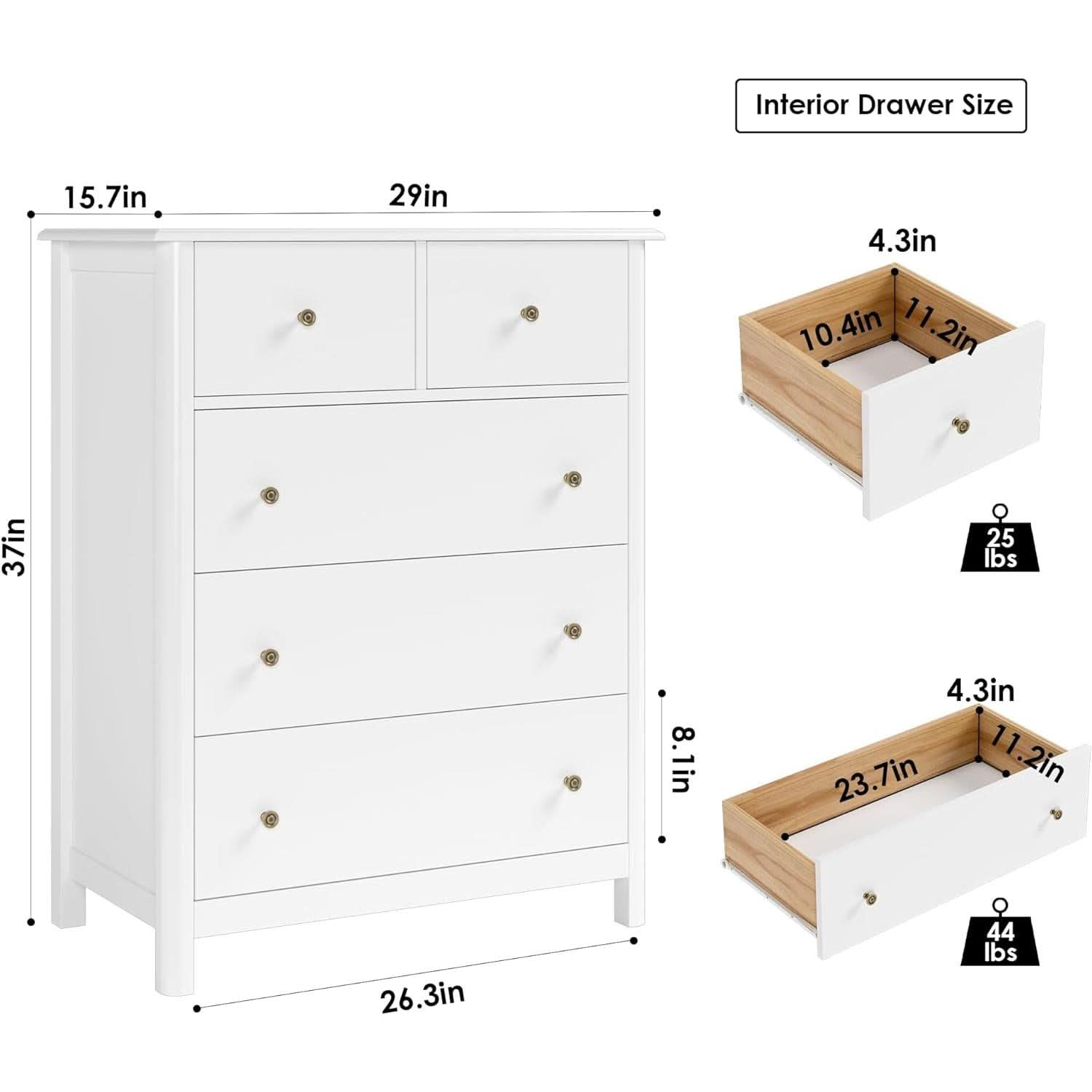 White Five Drawer Dresser For Bedroom Organization