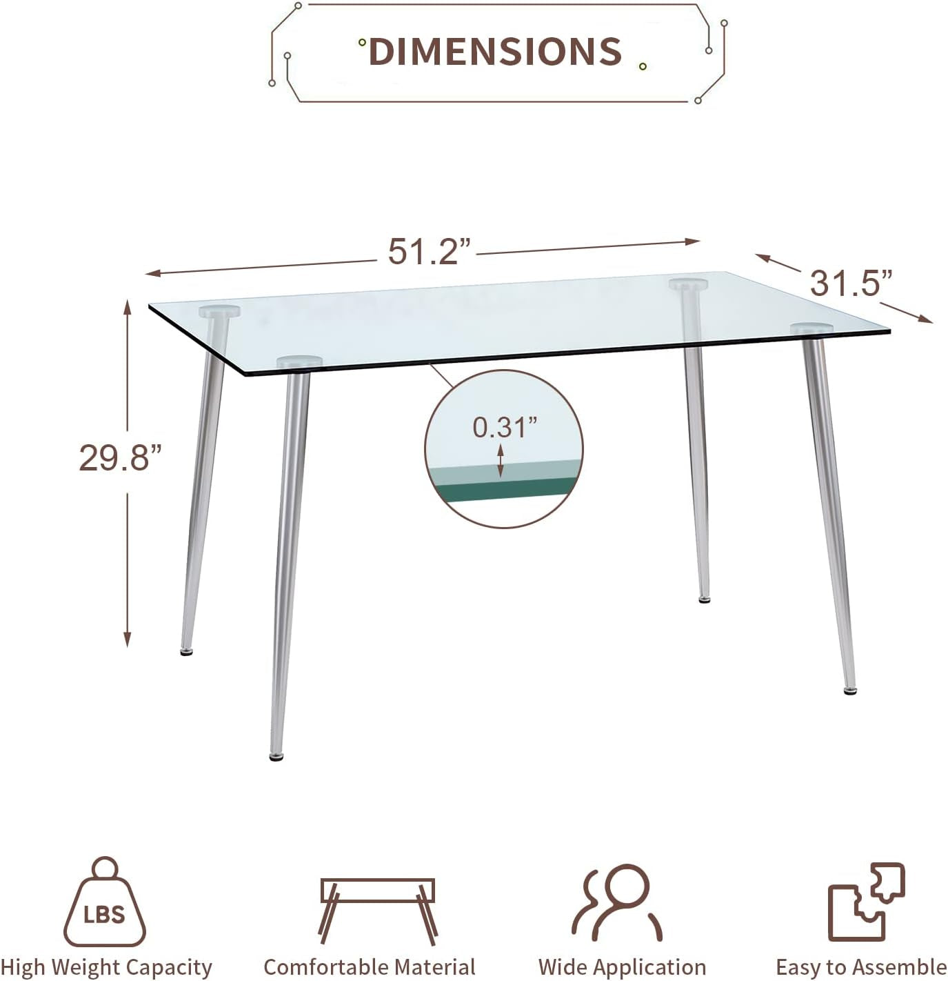 Glass Dining Table For 4 51 Inch Clear Top For Home