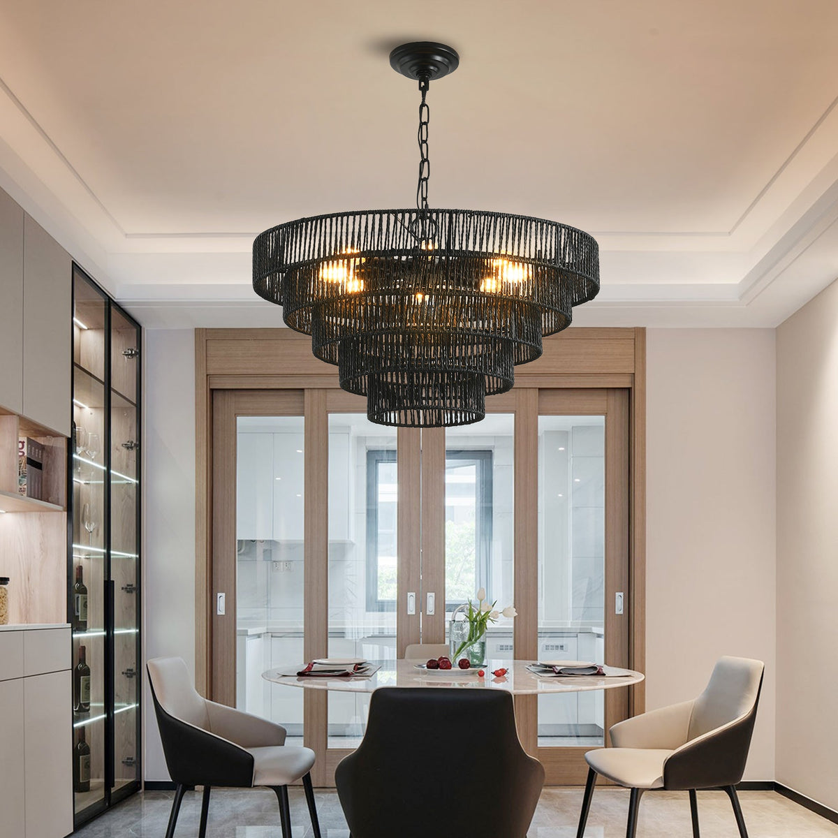 24" Rustic 5-Tier Black Pendant Light Chandelier