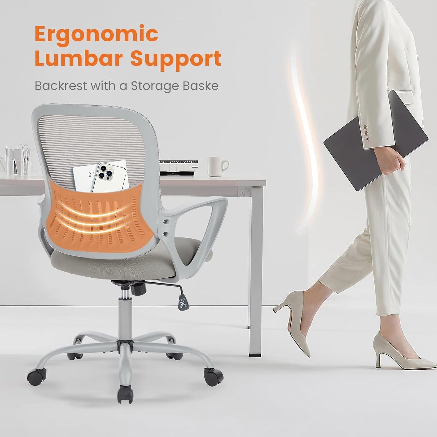Ergonomic Mesh Office Chair With Lumbar Support And Rolling Wheels Grey