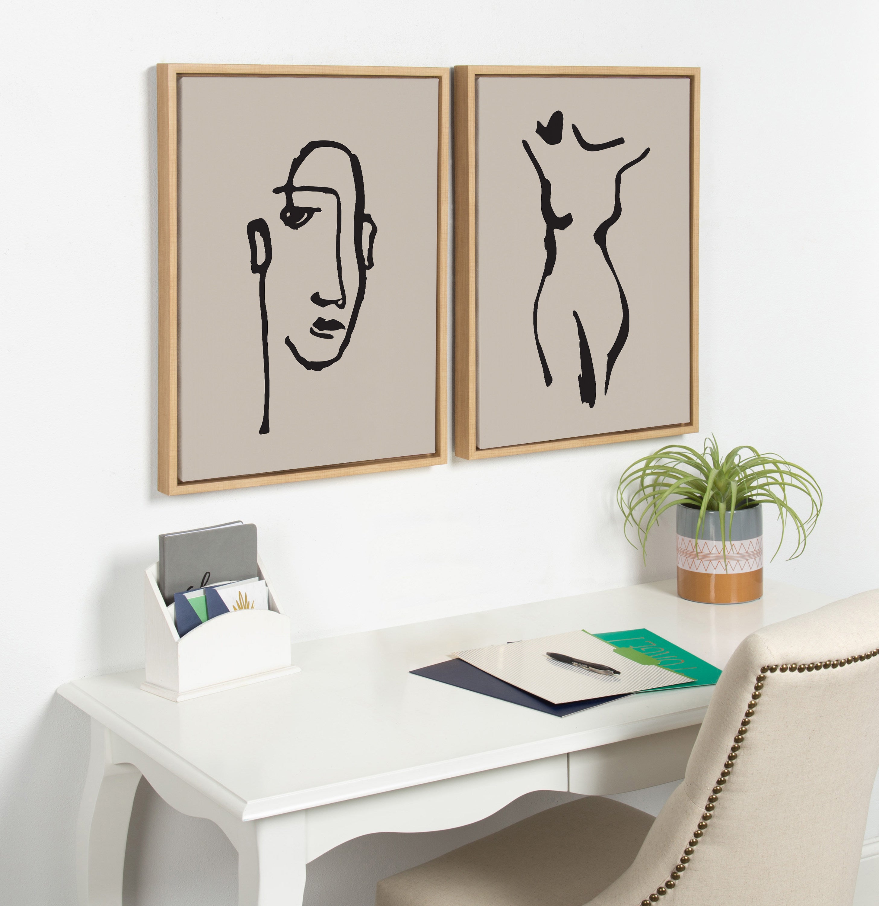 Sylvie Minimalist Neutral Line Art Drawing Face Framed Canvas by The Creative Bunch Studio