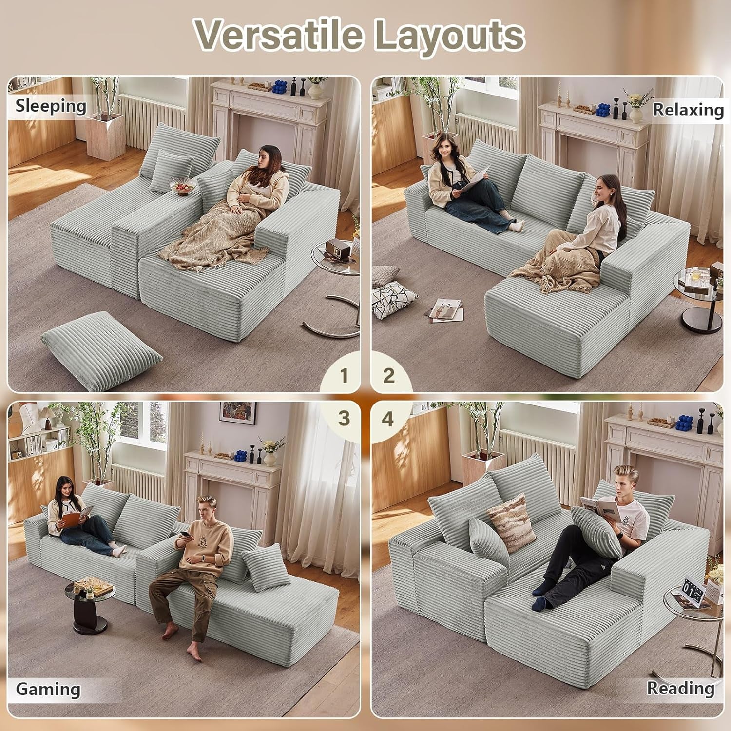 107 Inch Grey Corduroy L Shaped Modular Sleeper Sofa