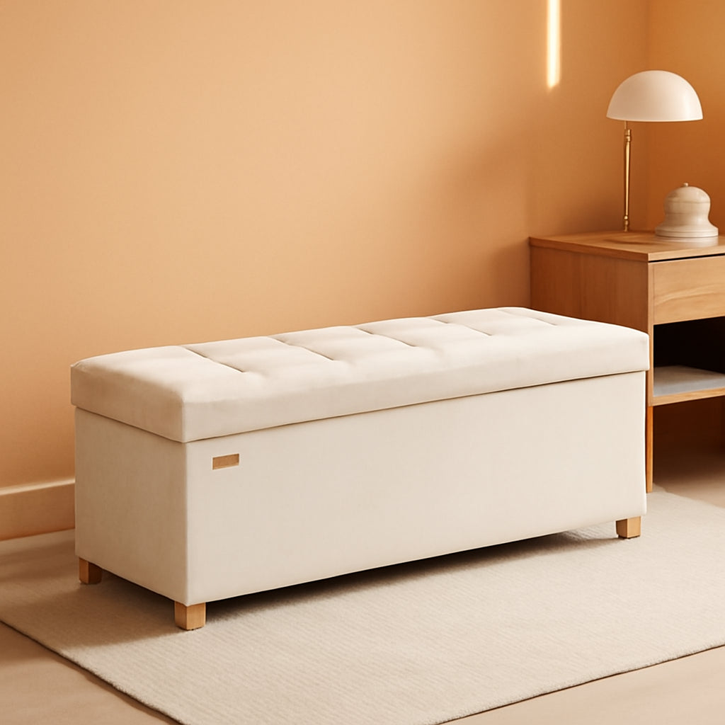 Cappuccino Beige Velvet Storage Ottoman Bench Folding