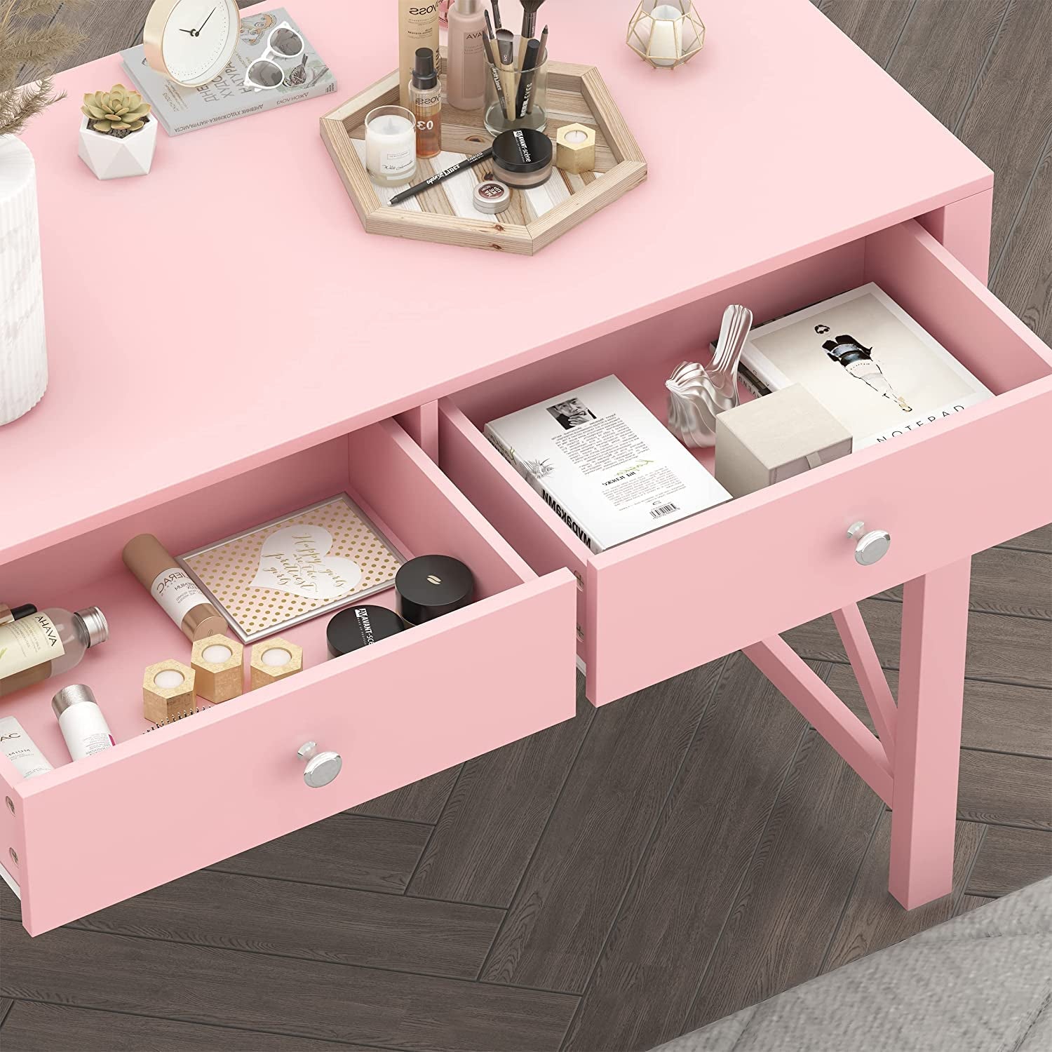 Pink Modern Vanity Desk With Drawers For Home Office