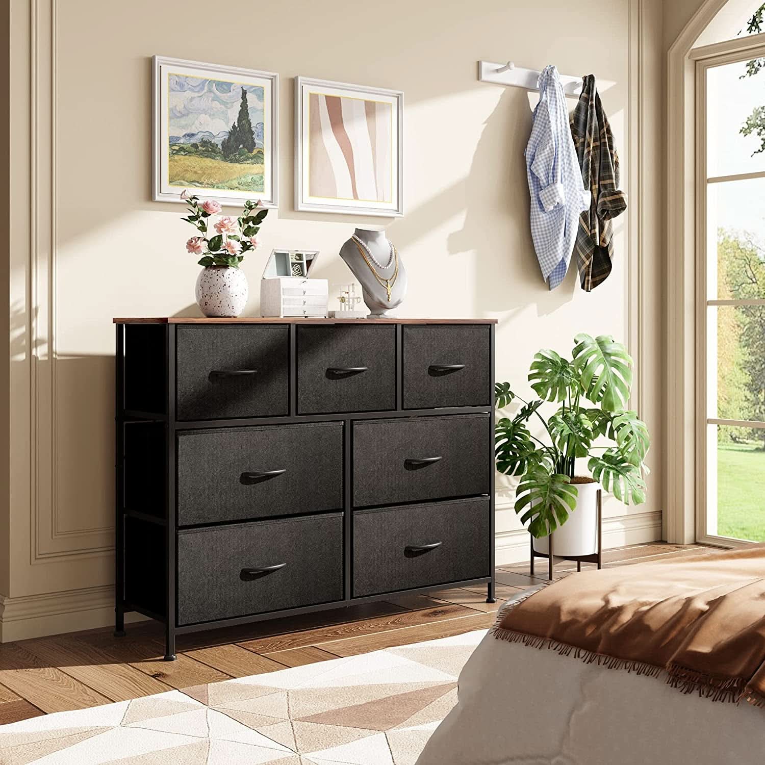 7 Drawer Dresser With Deep Storage And Wood Top Finish