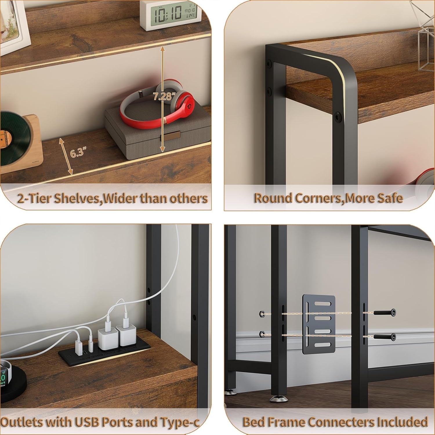 Adjustable Full Size Headboard with USB Ports and Storage