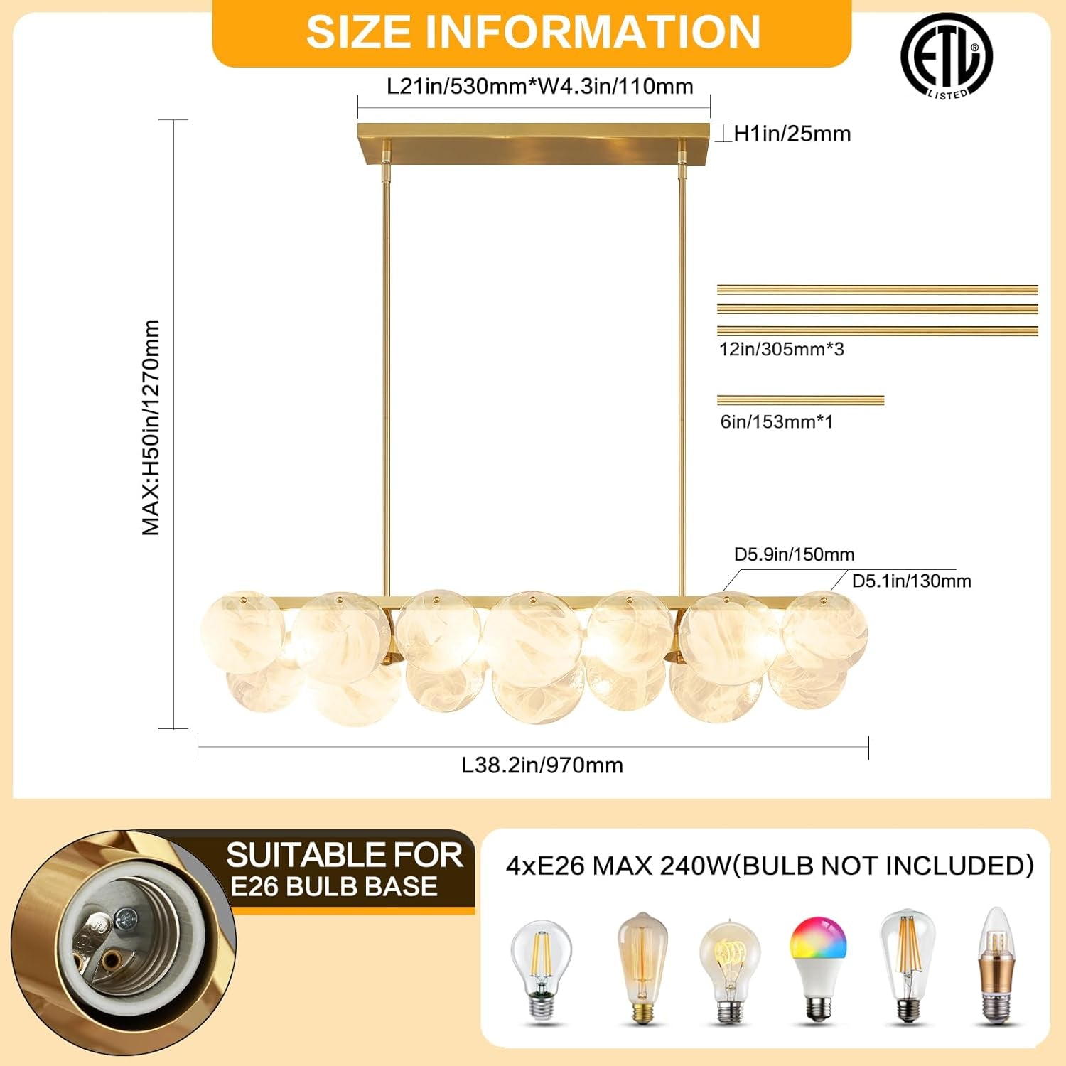 Gilded Rectangular Glass Chandelier 38.2 Inch Light-4