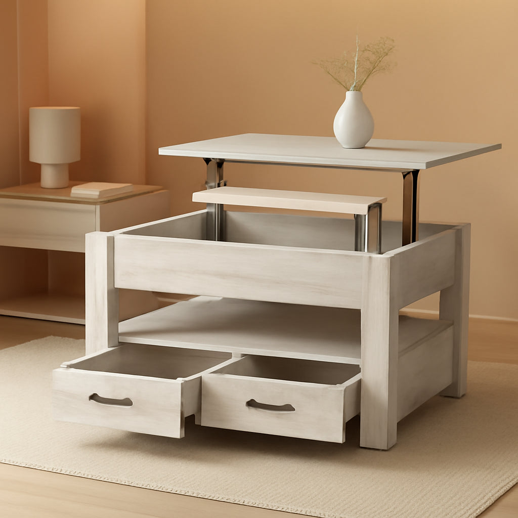 Grey Lift Top Coffee Table With Drawers Hidden Compartment