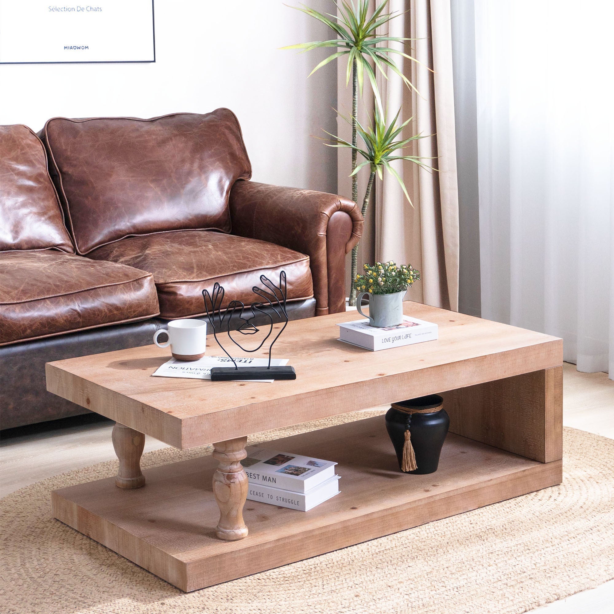 Rustic Solid Wood Coffee Table with Open Shelf – 47.2"