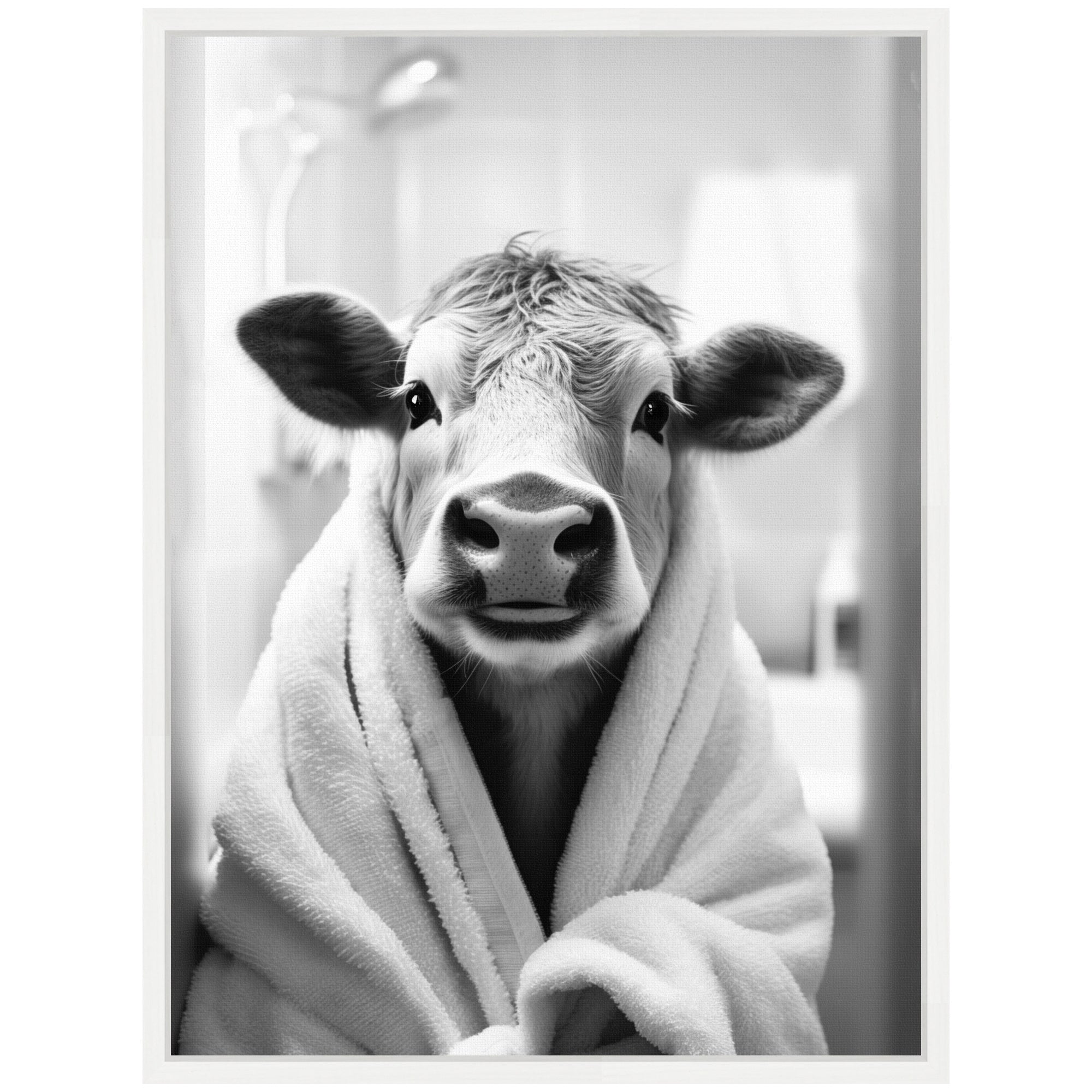 Sylvie Cow Bathroom Art Towel Robe Black and White Framed Canvas by The Creative Bunch Studio
