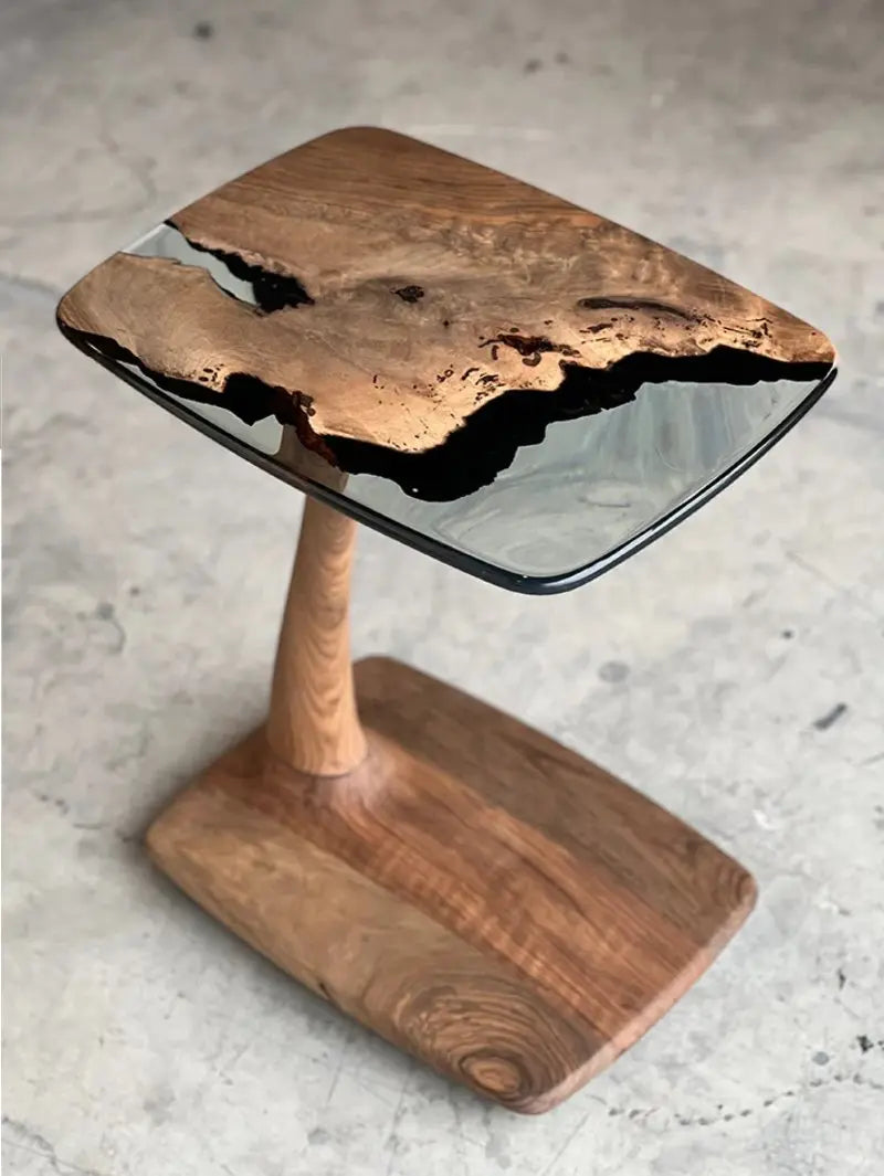 C-Shaped Walnut & Resin End Table with Wheels