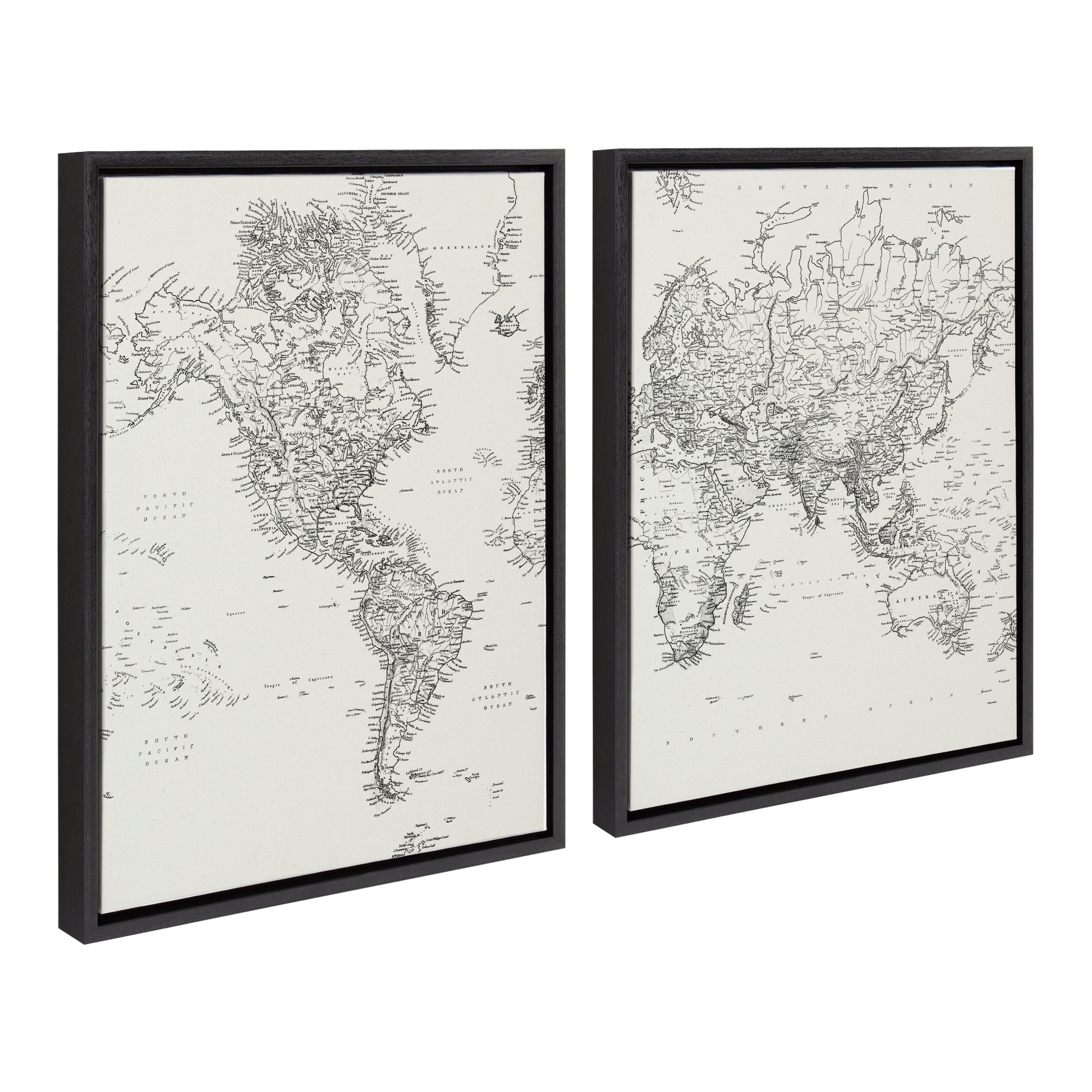 Sylvie Vintage Black and White World Map Framed Canvas Set by The Creative Bunch Studio