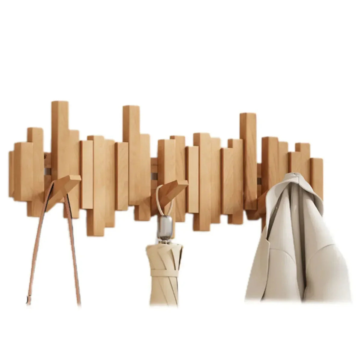 Hanvik | Solid Wood Wall Coat Rack with Foldable Hooks | Keyhole Mount for Entryway