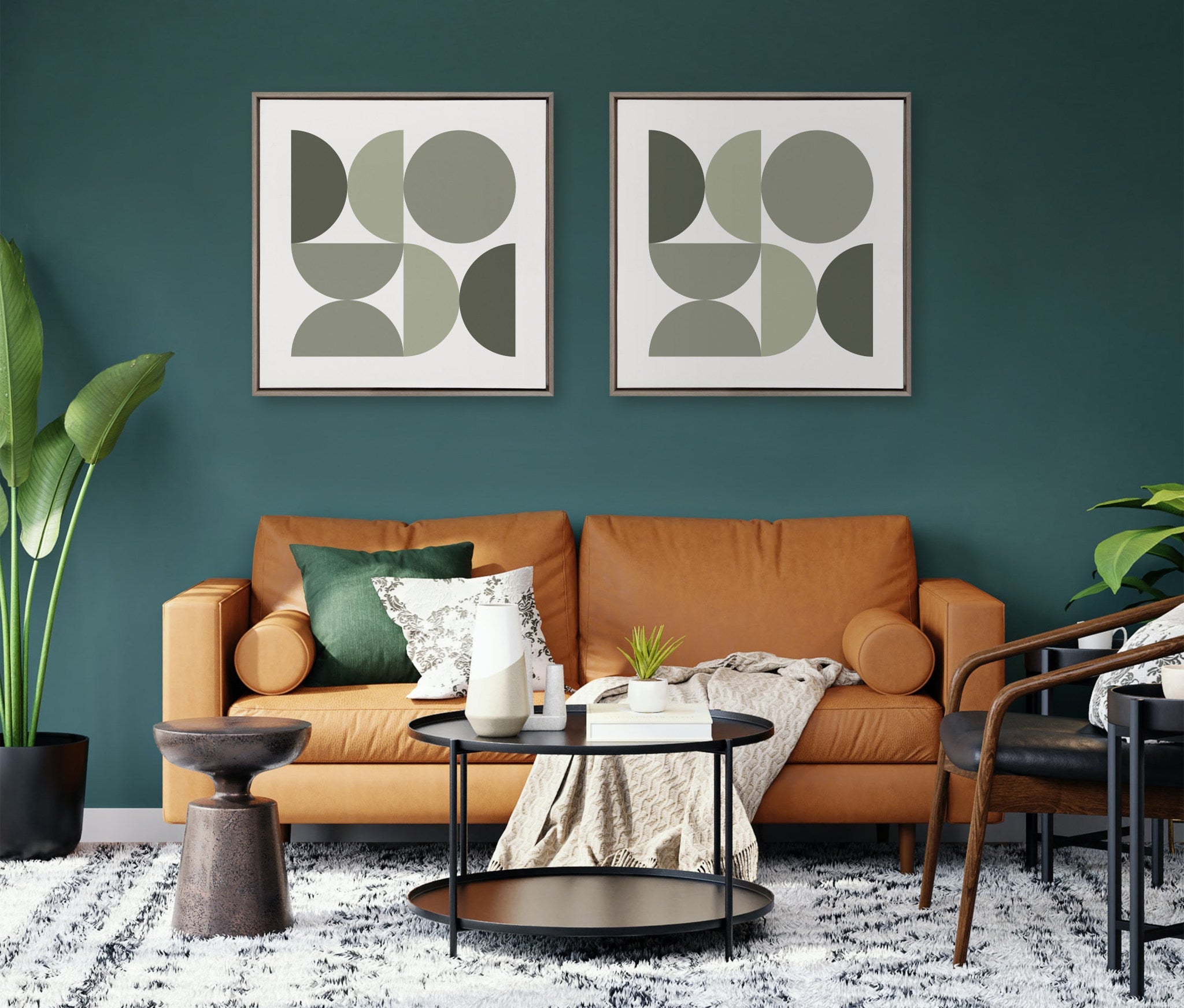 Sylvie Bold Vintage Geometric Nourishing Greens Framed Canvas by The Creative Bunch Studio