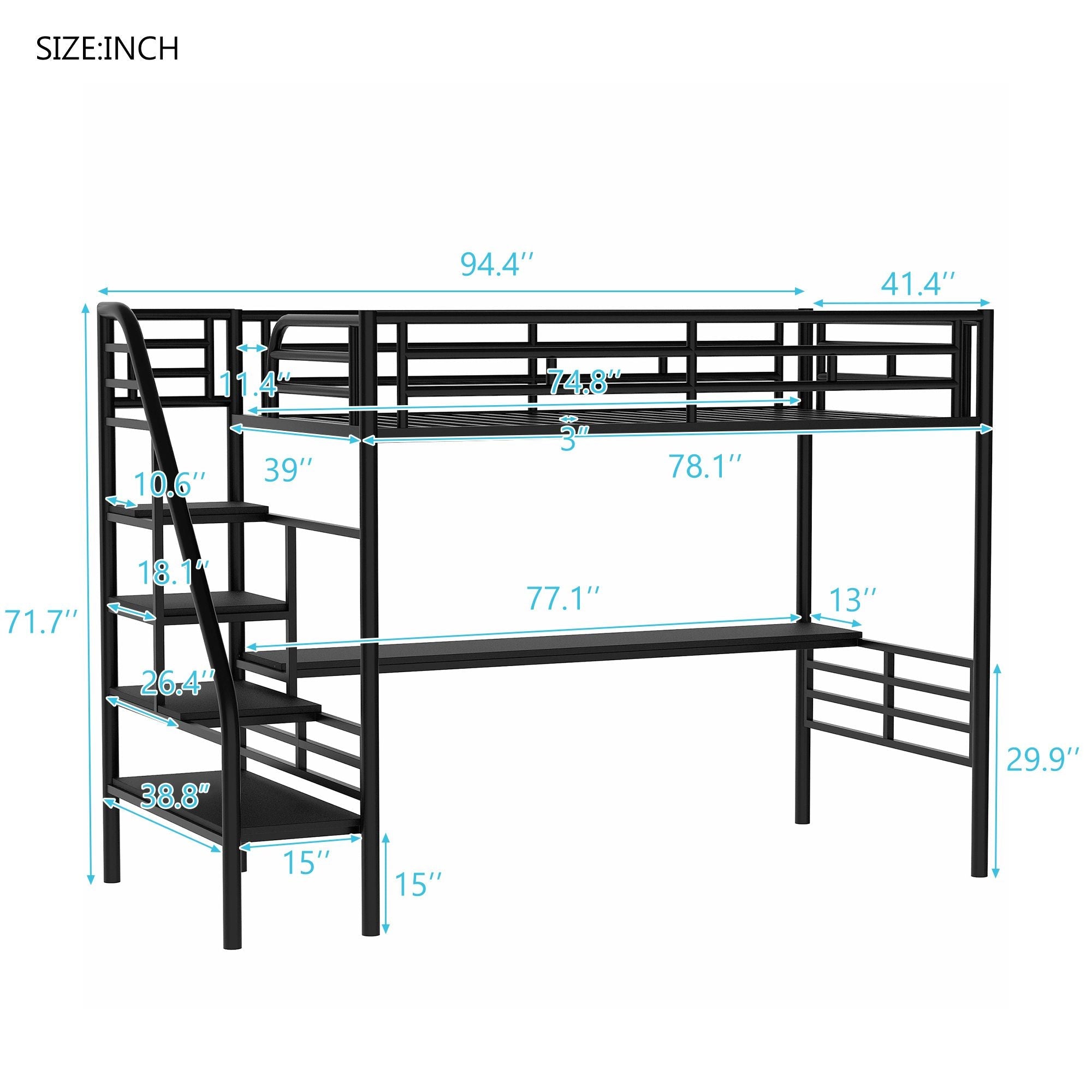 Compact Twin Metal Loft Bed with Integrated Desk and No Box Spring, Black | Just Better Bunk Beds