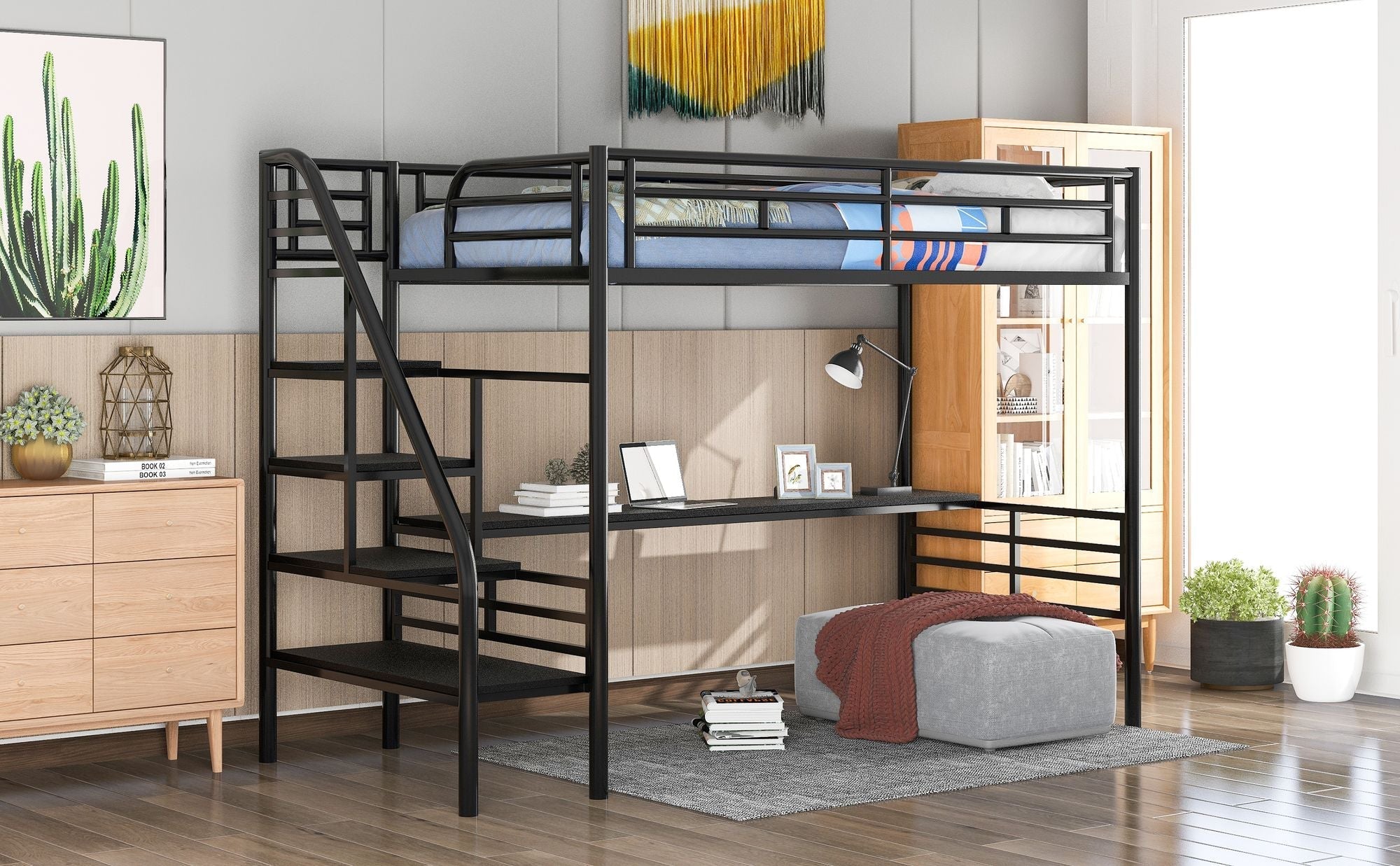 Compact Twin Metal Loft Bed with Integrated Desk and No Box Spring, Black | Just Better Bunk Beds