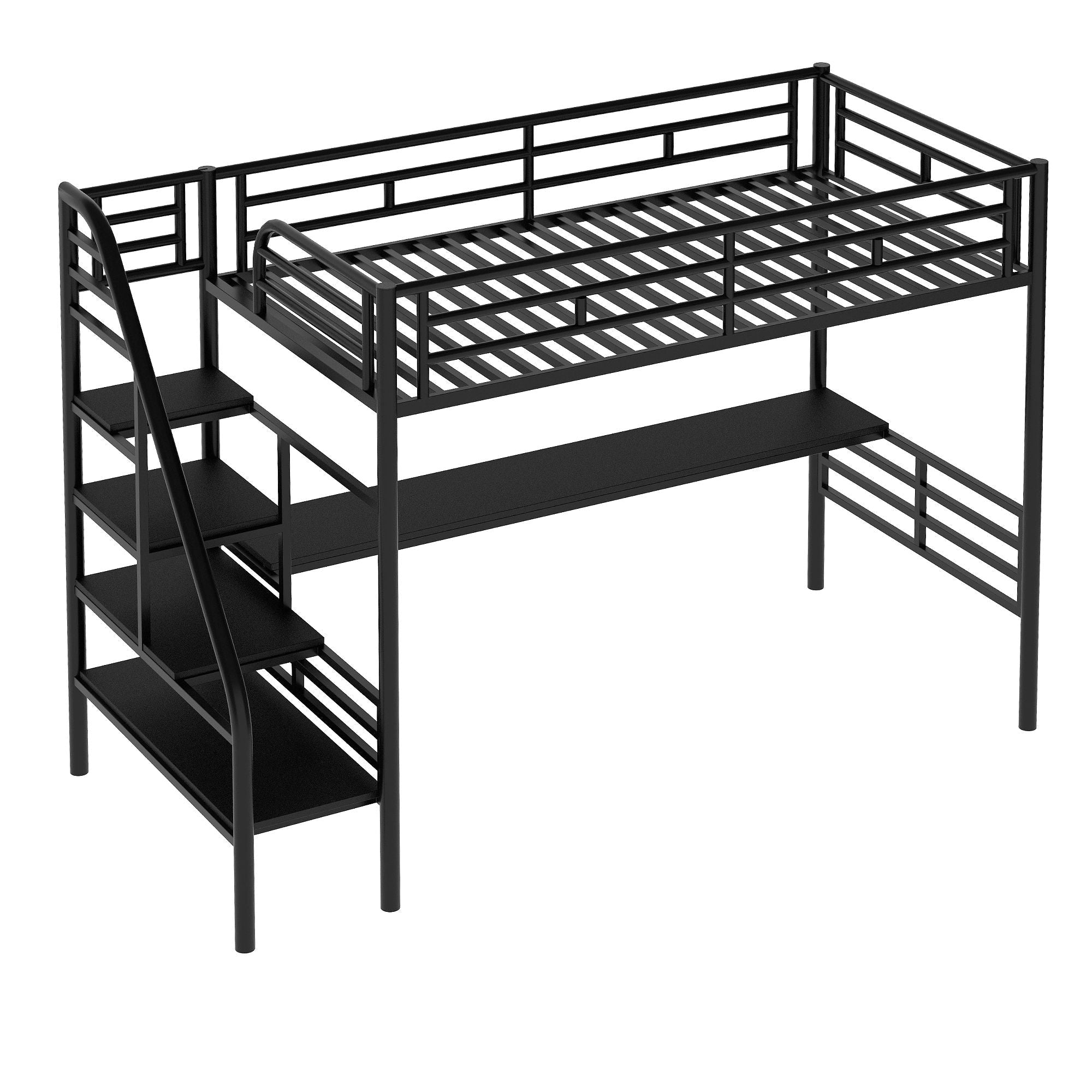 Compact Twin Metal Loft Bed with Integrated Desk and No Box Spring, Black | Just Better Bunk Beds