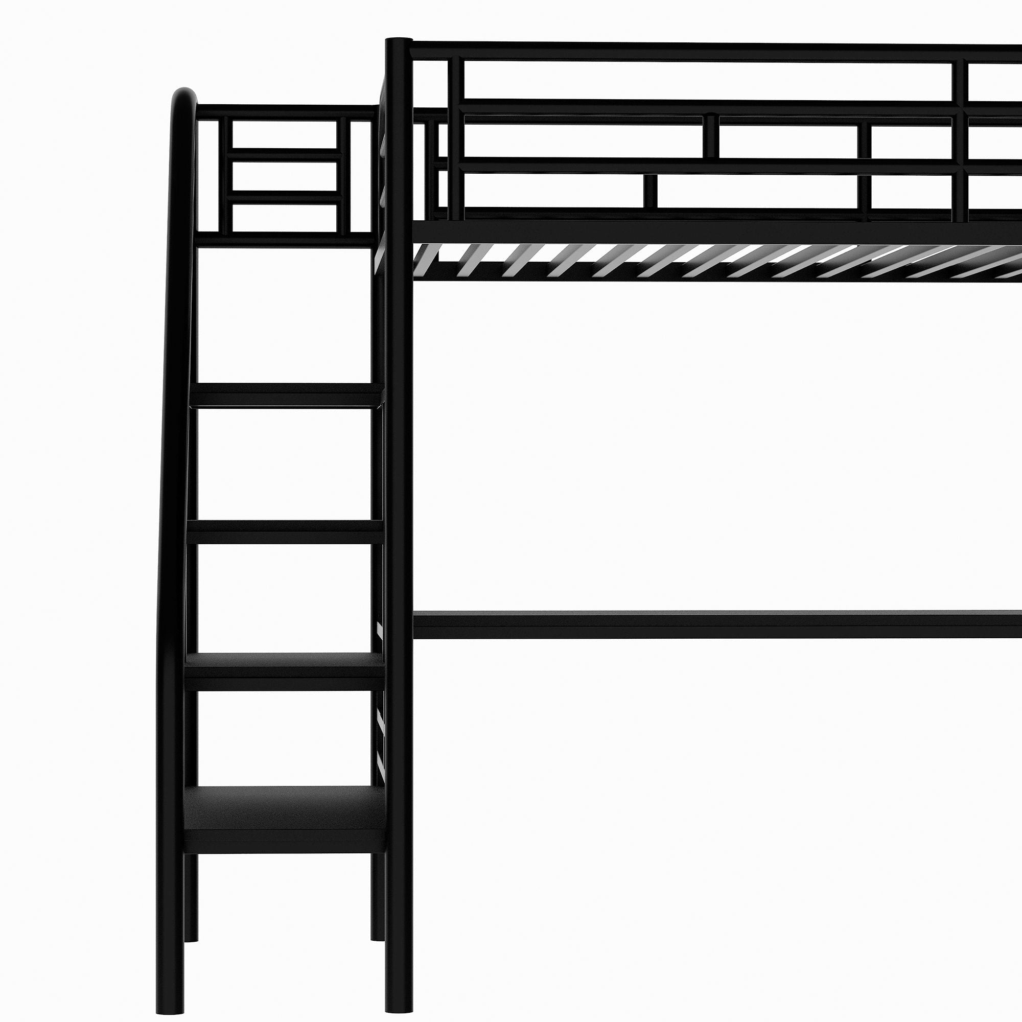 Compact Twin Metal Loft Bed with Integrated Desk and No Box Spring, Black | Just Better Bunk Beds