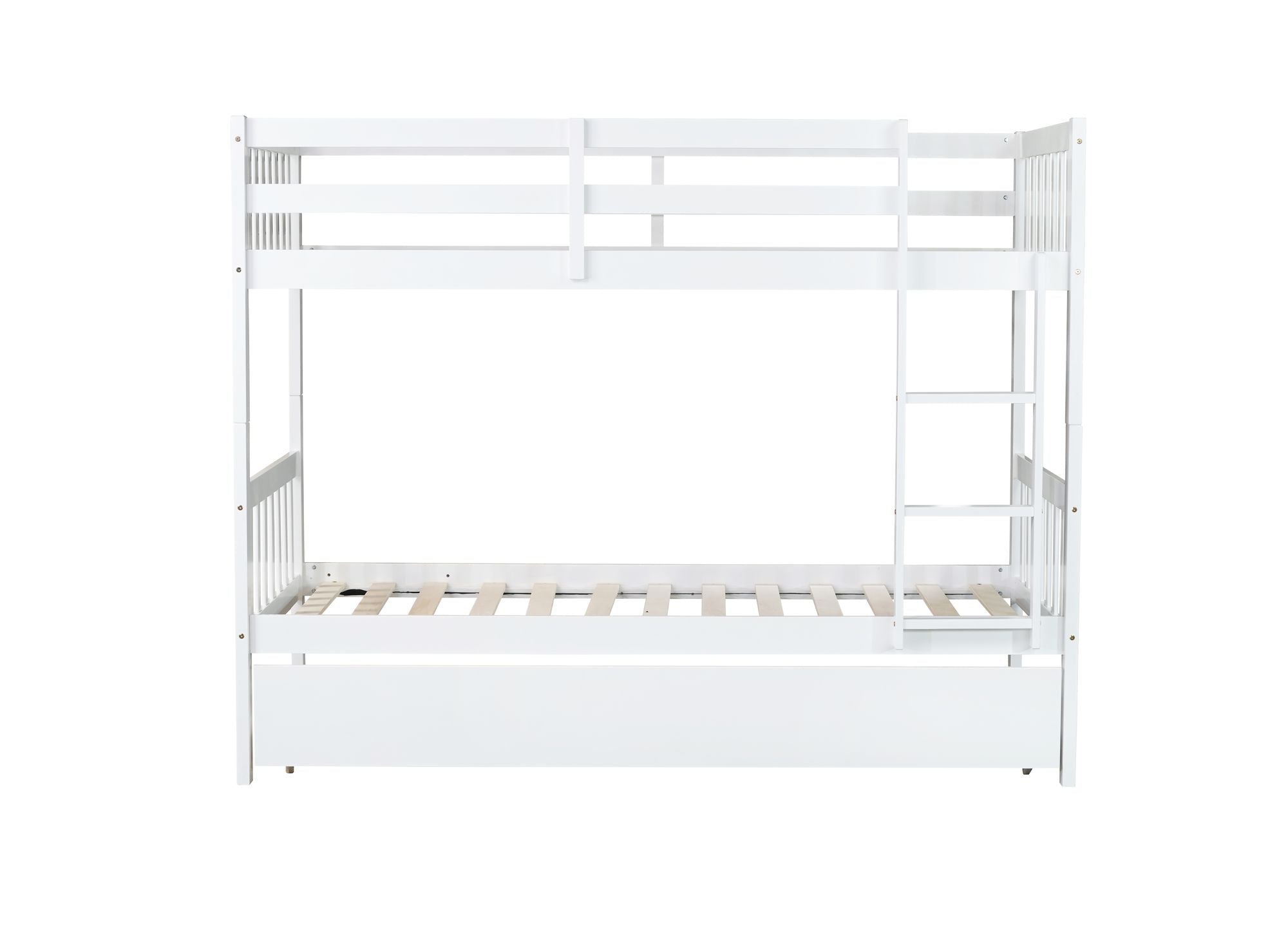 Convertible Twin Over Twin Wood Bunk Bed with Trundle, Ladder, and Safety Guardrails in White | Just Better Bunk Beds