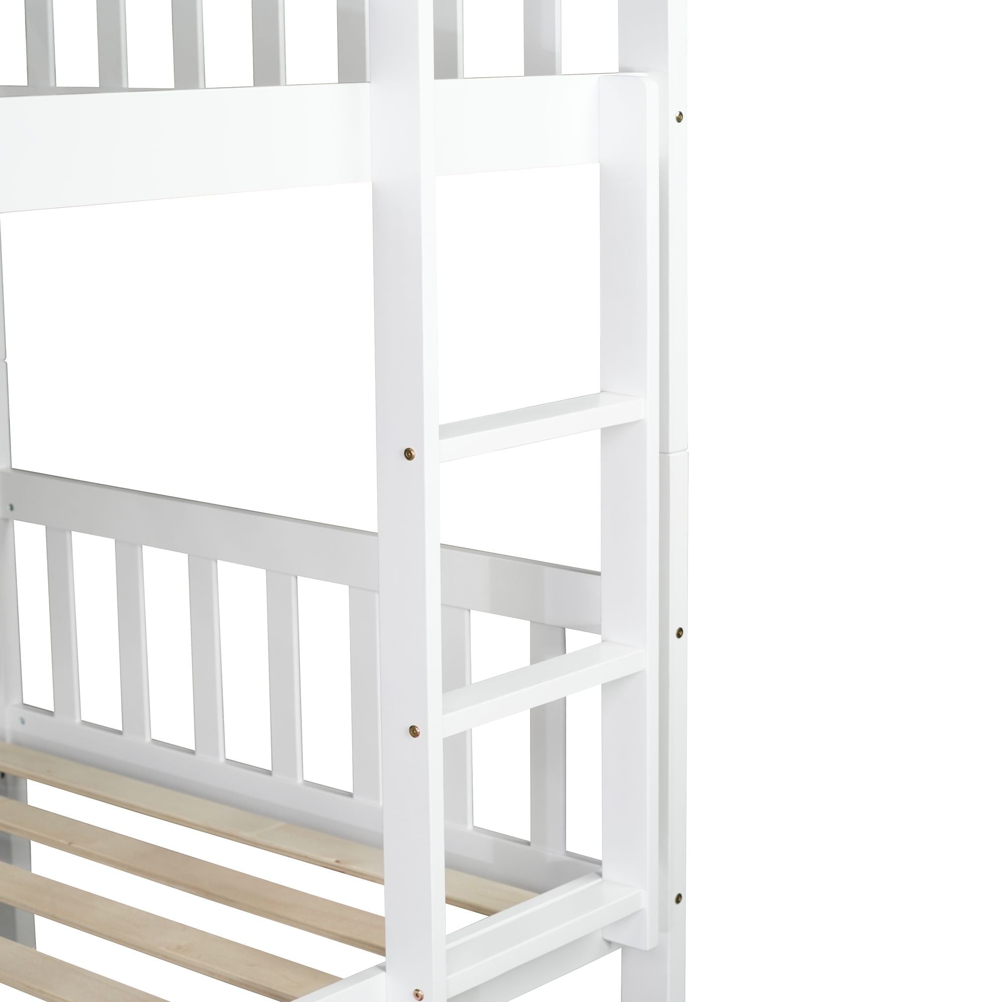 Convertible Twin Over Twin Wood Bunk Bed with Trundle, Ladder, and Safety Guardrails in White | Just Better Bunk Beds