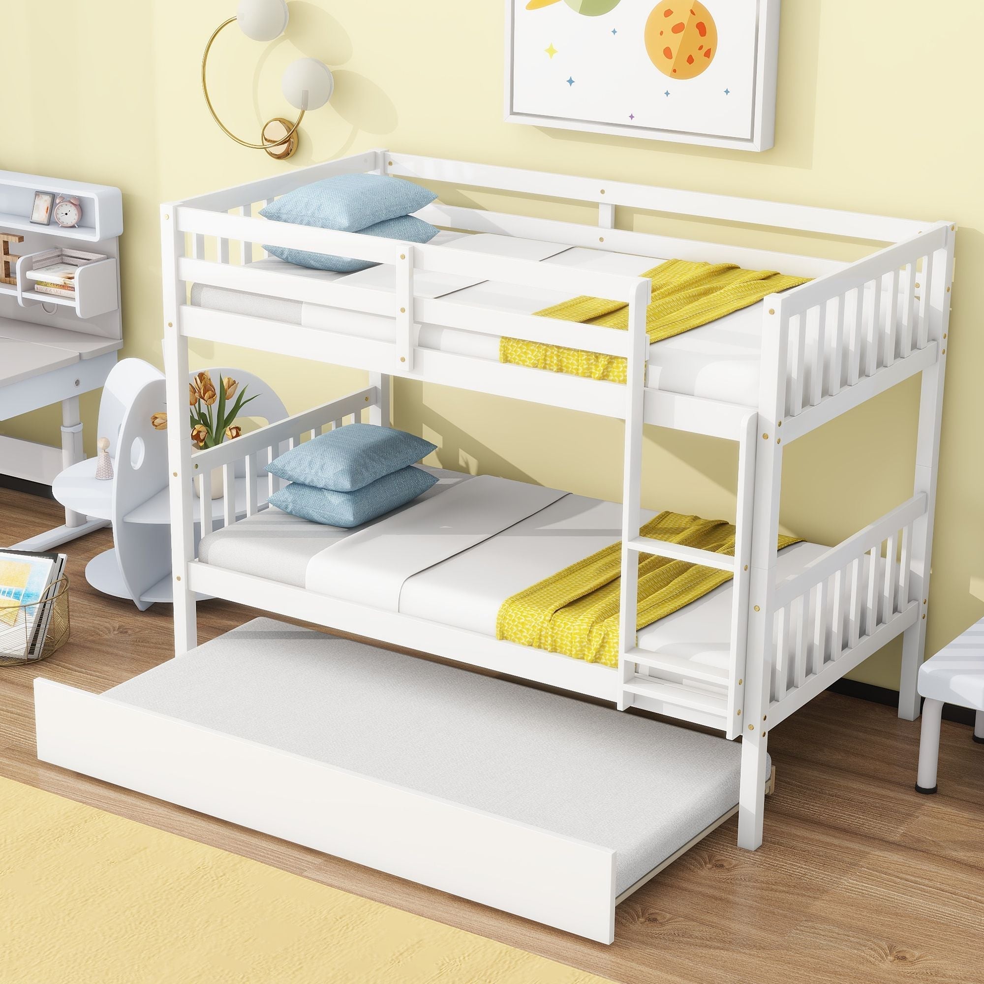 Convertible Twin Over Twin Wood Bunk Bed with Trundle, Ladder, and Safety Guardrails in White | Just Better Bunk Beds