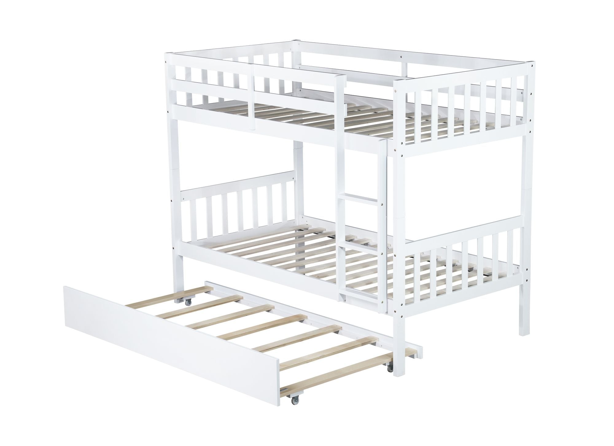 Convertible Twin Over Twin Wood Bunk Bed with Trundle, Ladder, and Safety Guardrails in White | Just Better Bunk Beds